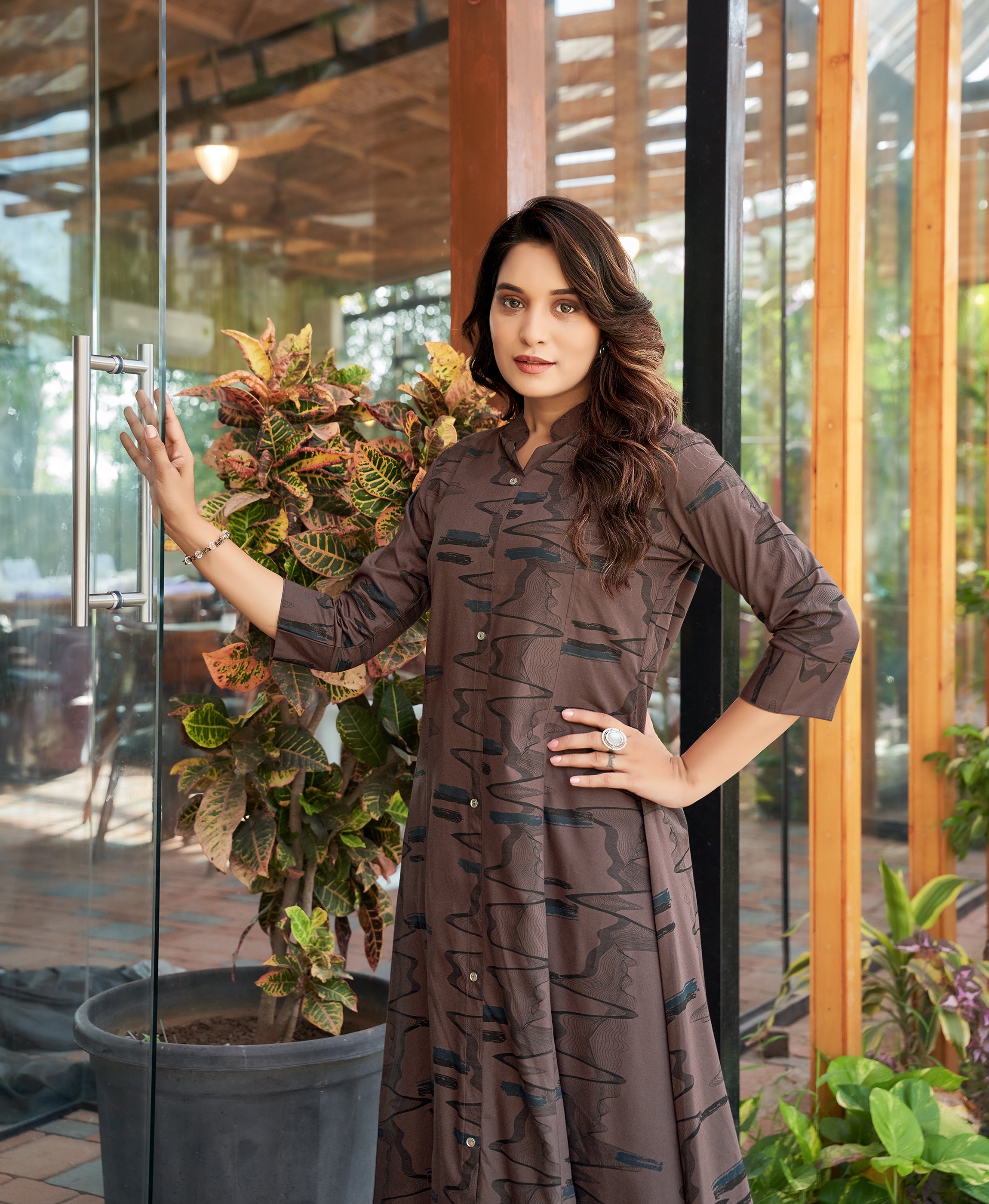Her Couture Women's Brown Rayon Abstract Print Party Co-ord Set