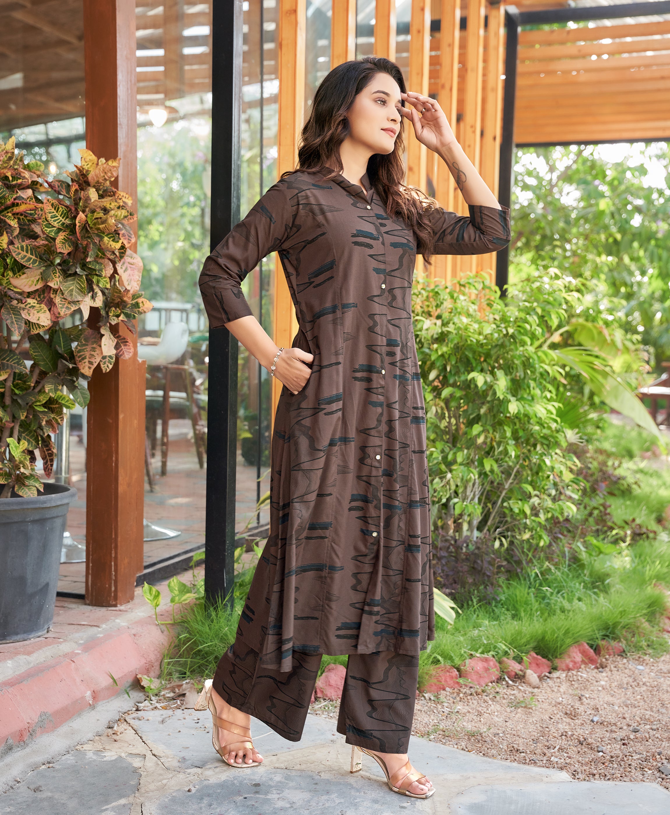 Her Couture Women's Brown Rayon Abstract Print Party Co-ord Set