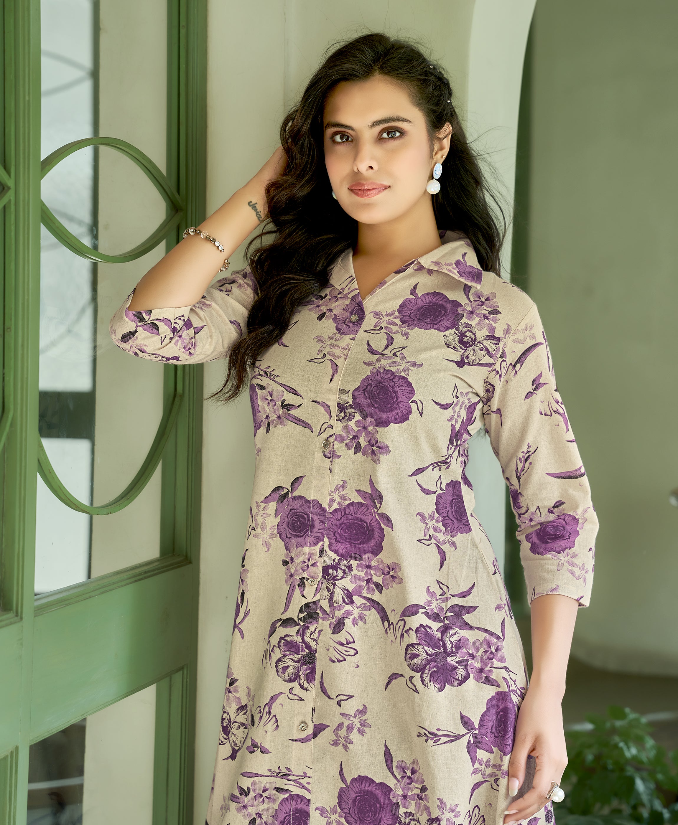 Her Couture Women's Purple Khadi Cotton Floral Printed Party Co-ord Set
