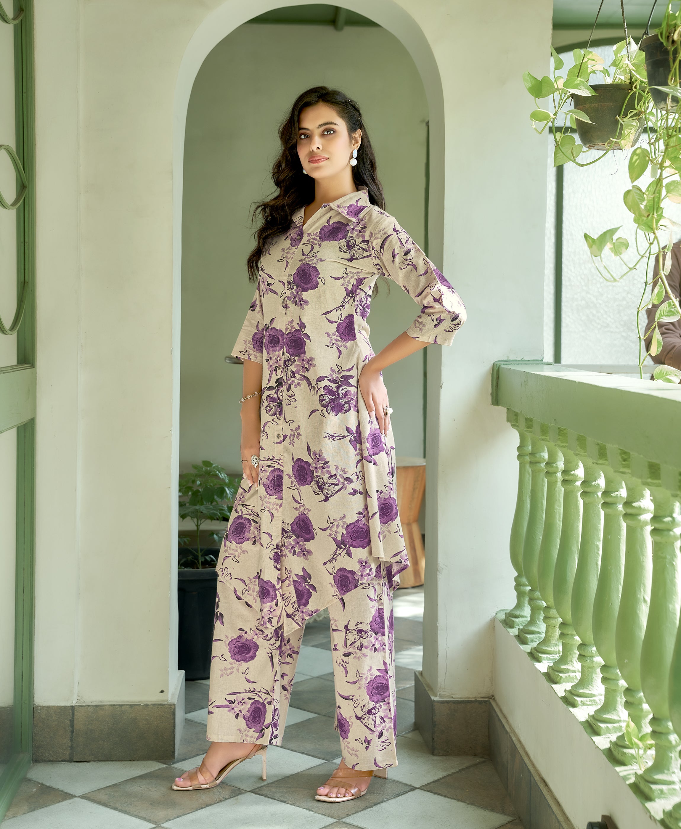 Her Couture Women's Purple Khadi Cotton Floral Printed Party Co-ord Set
