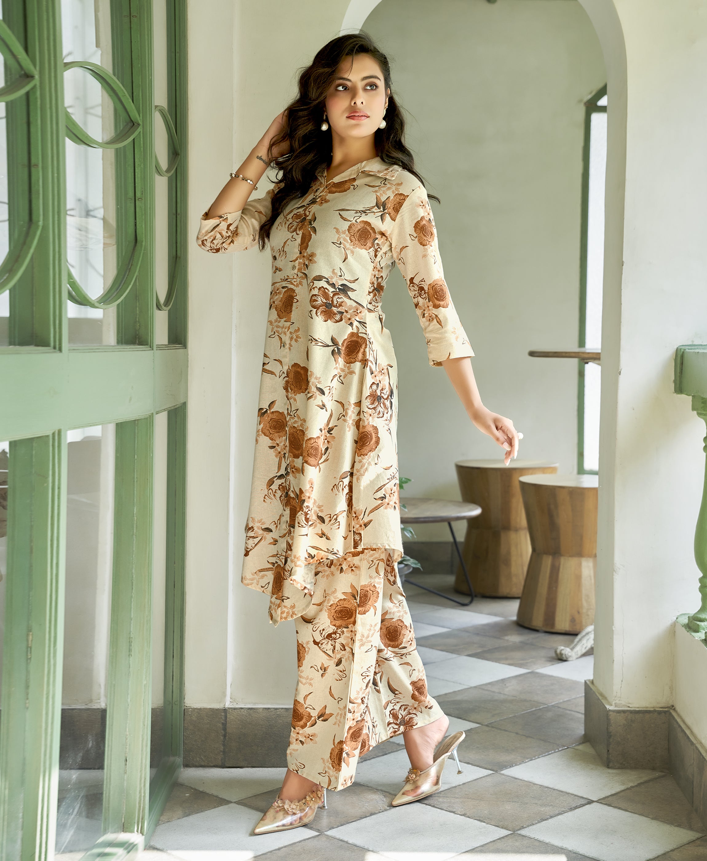 Her Couture Women's Brown Khadi Cotton Floral Printed Party Co-ord Set