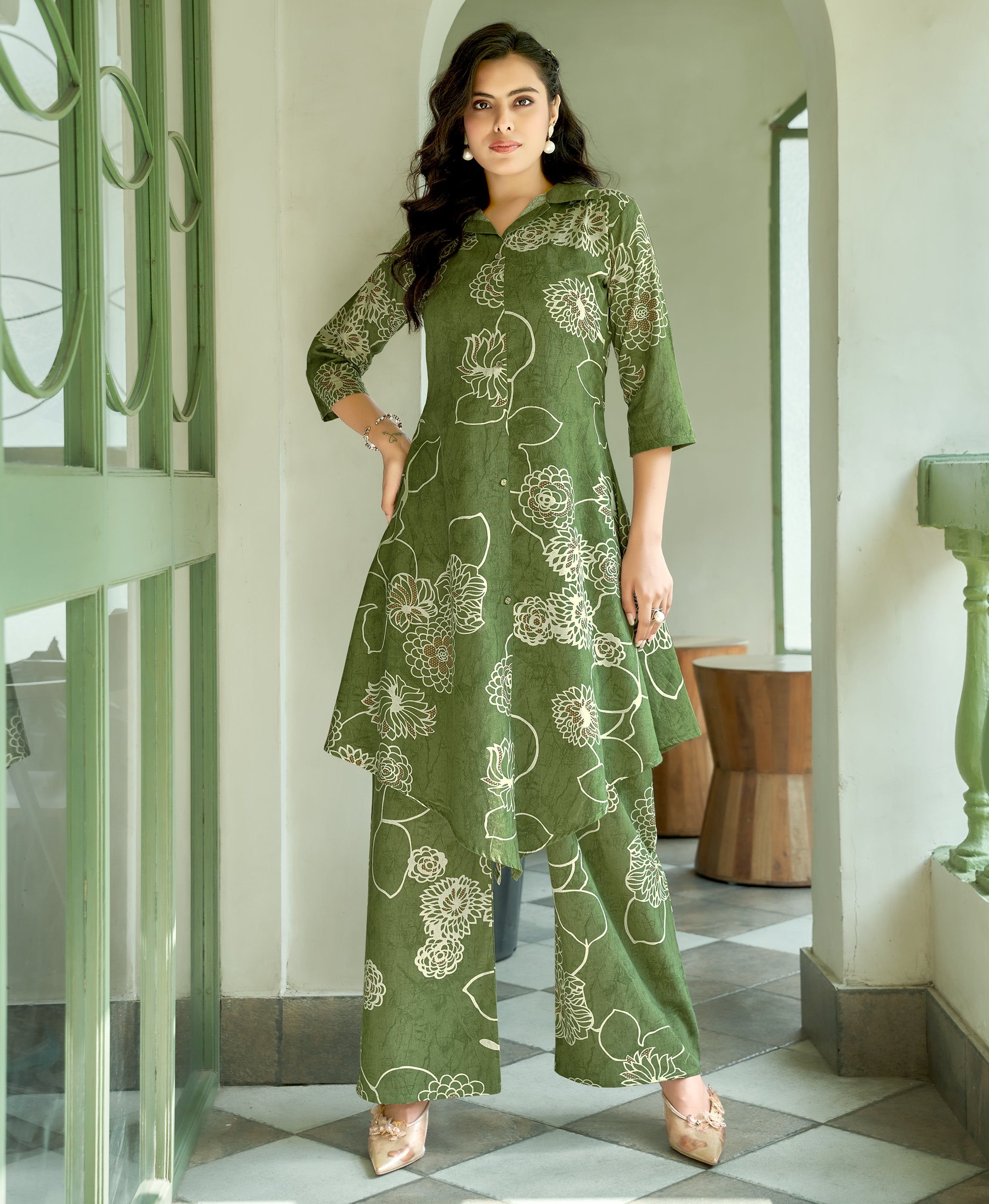 Green Khadi Cotton Party Co-ord Set By Her Couture