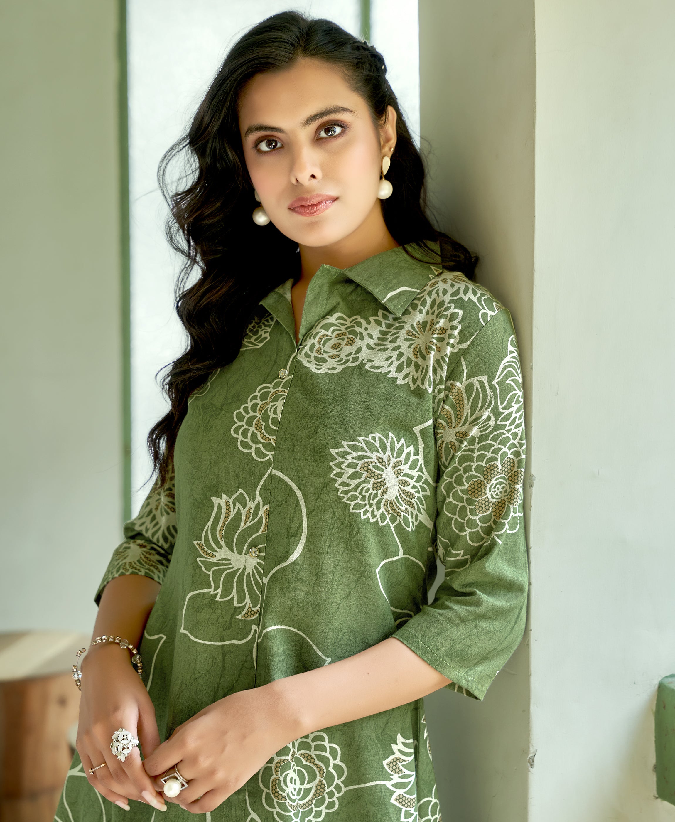 Her Couture Women's Green Khadi Cotton Floral Printed Party Co-ord Set