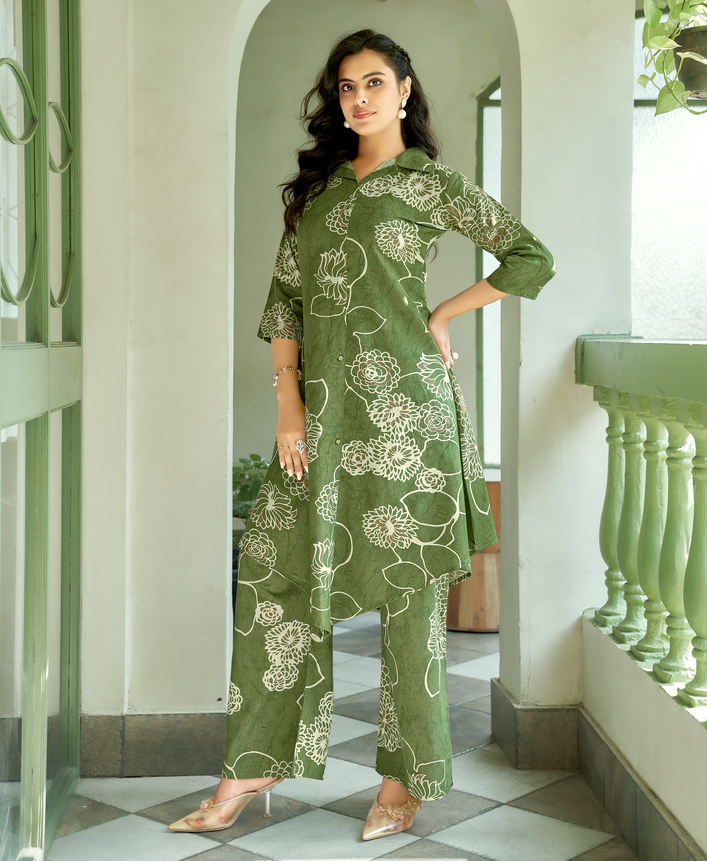 Her Couture Women's Green Khadi Cotton Floral Printed Party Co-ord Set