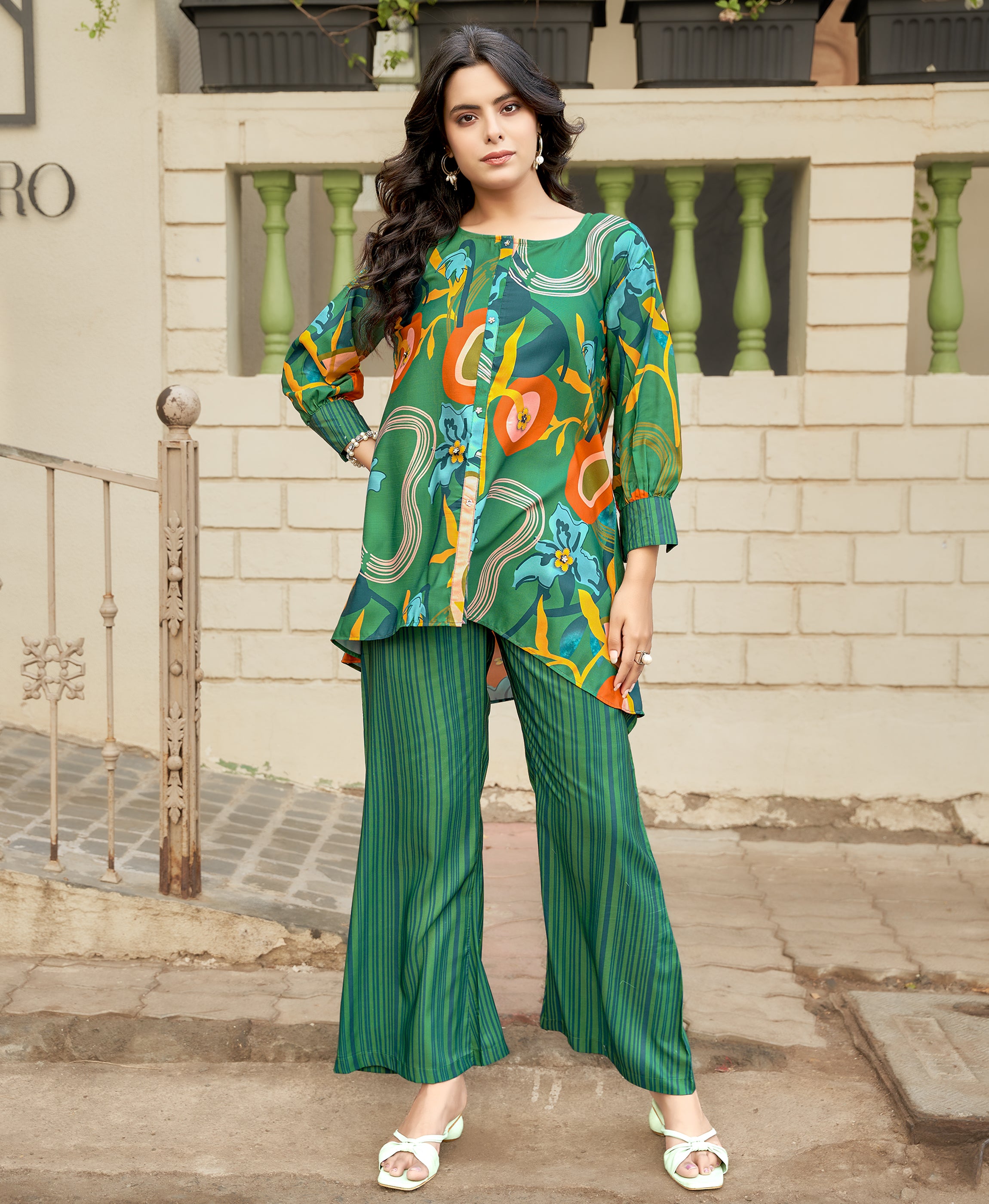 Her Couture Women's Multicolor Rayon Geometric Party Co-ord Set