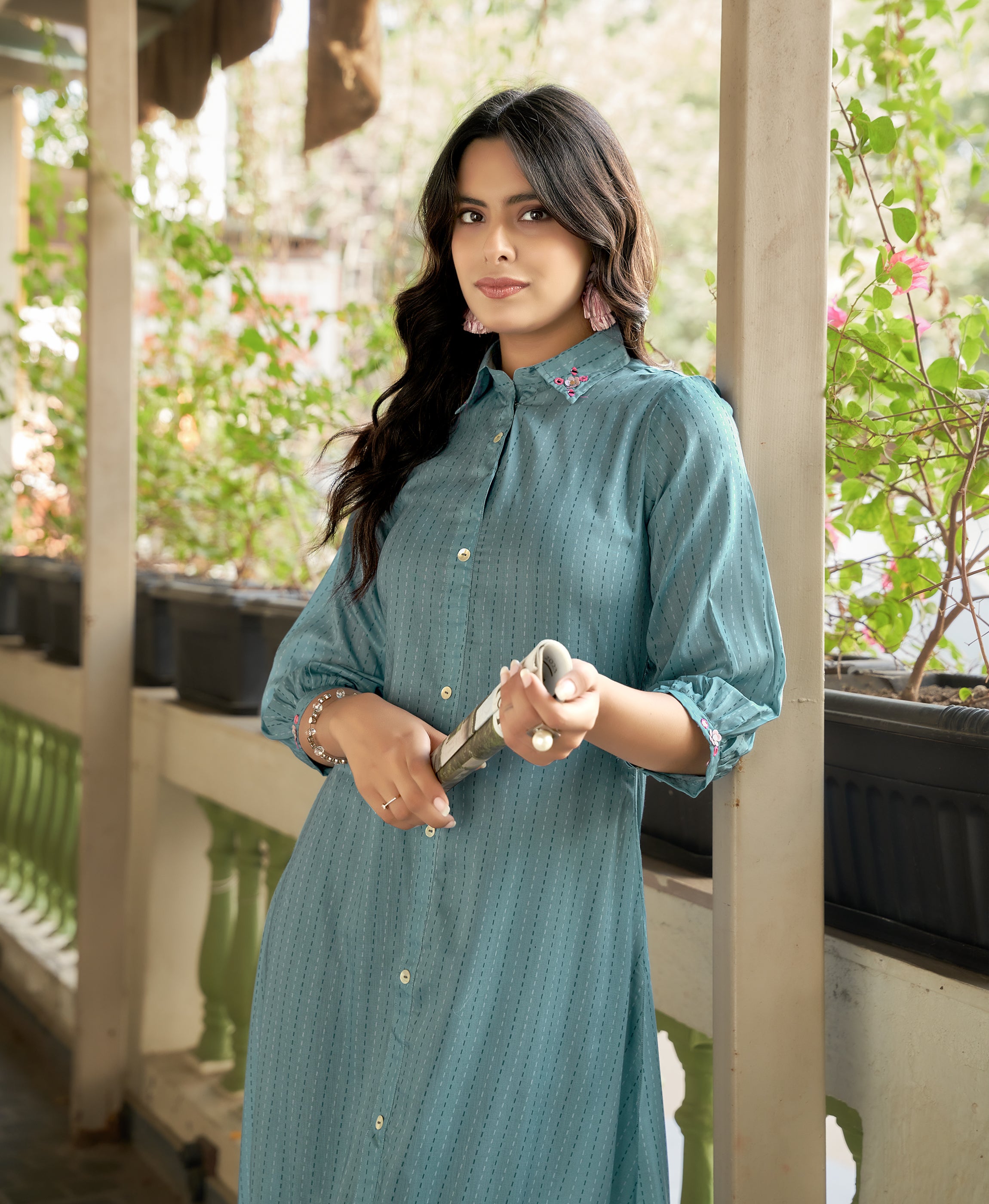 Her Couture Women's Blue Muslin Stripes Printed Flared Dress With Gathered or Pleated