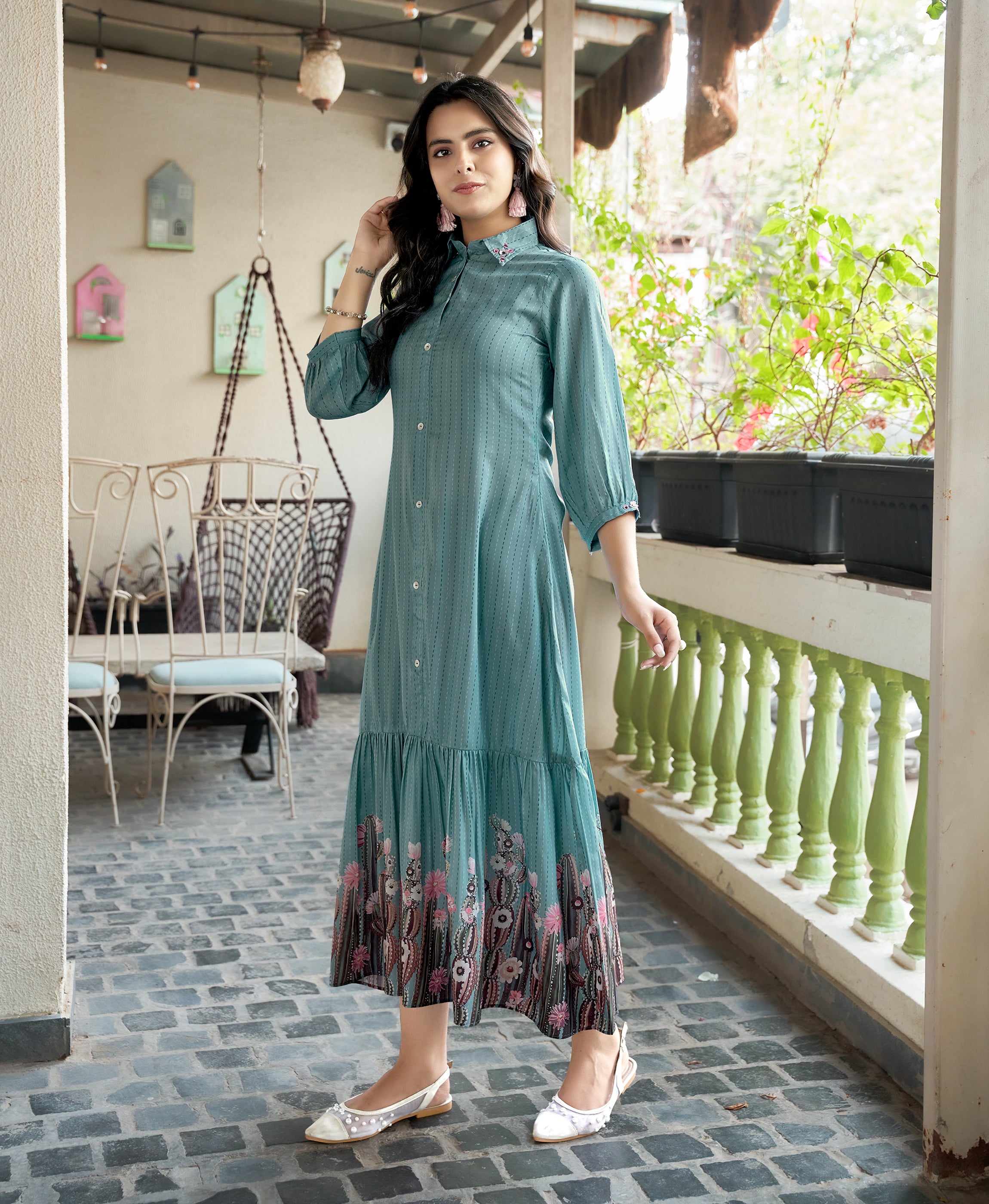 Her Couture Women's Blue Muslin Stripes Printed Flared Dress With Gathered or Pleated