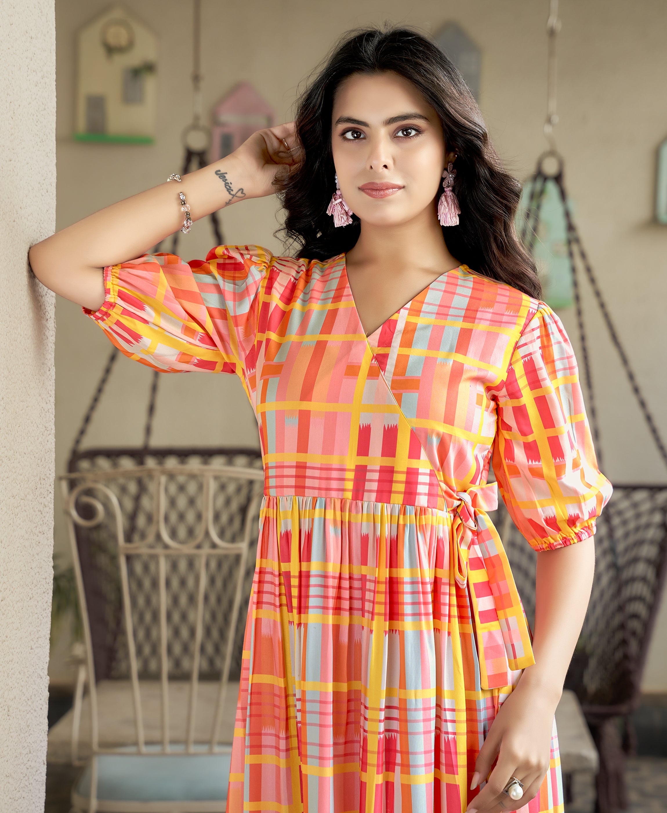 Her Couture Women's Multicolor Rayon Geometric Printed Flared Dress With Belt