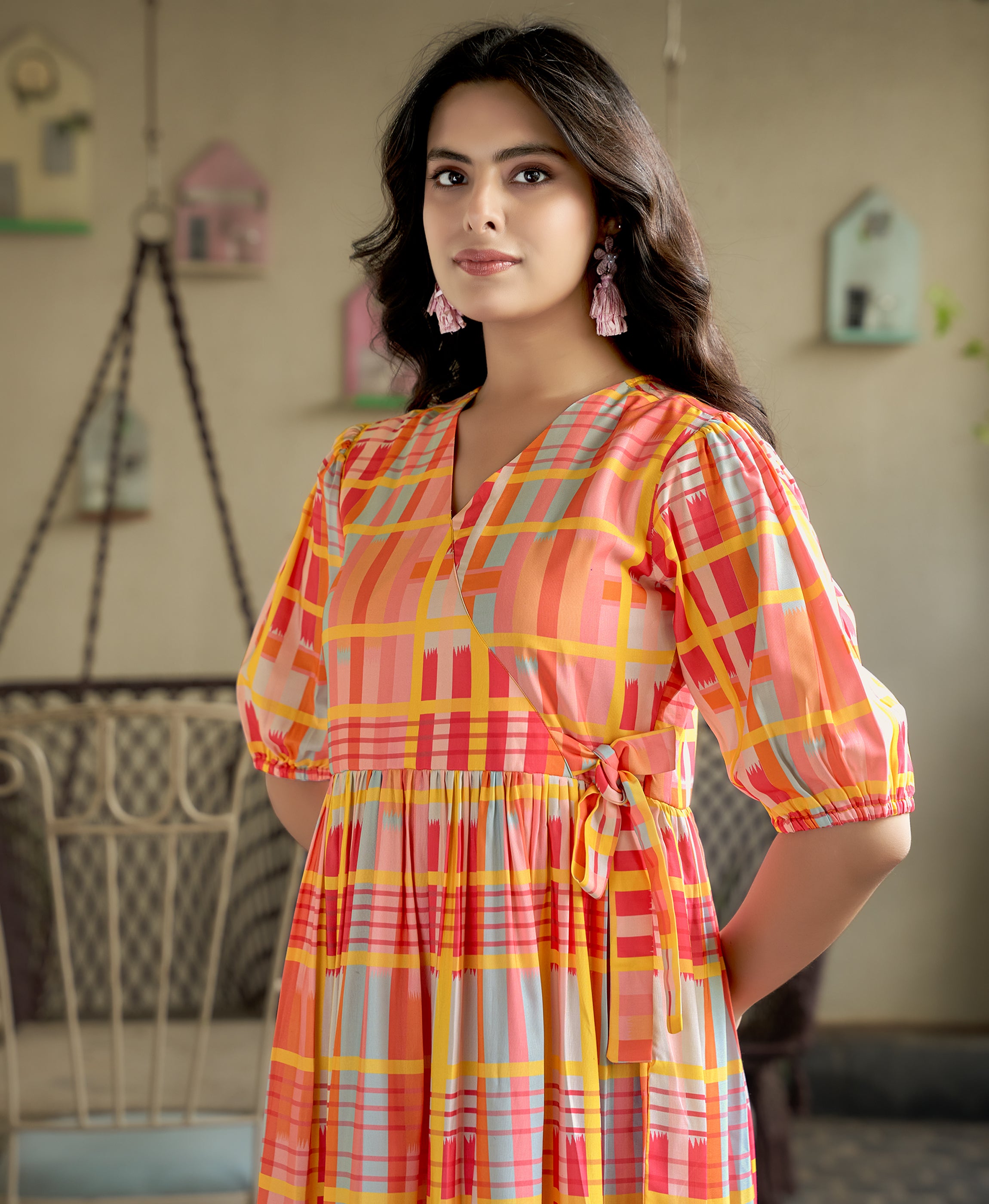 Her Couture Women's Multicolor Rayon Geometric Printed Flared Dress With Belt