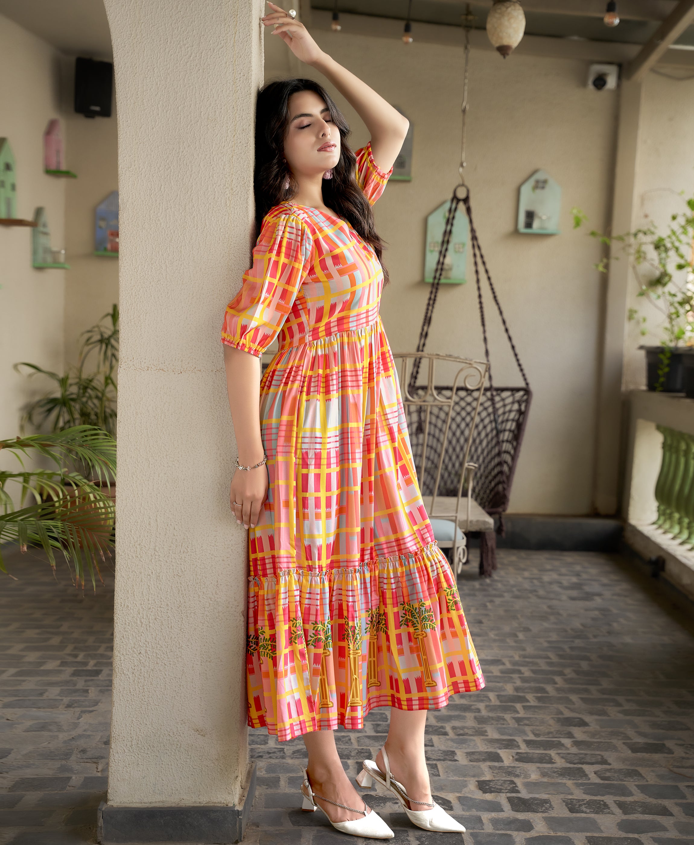 Her Couture Women's Multicolor Rayon Geometric Printed Flared Dress With Belt