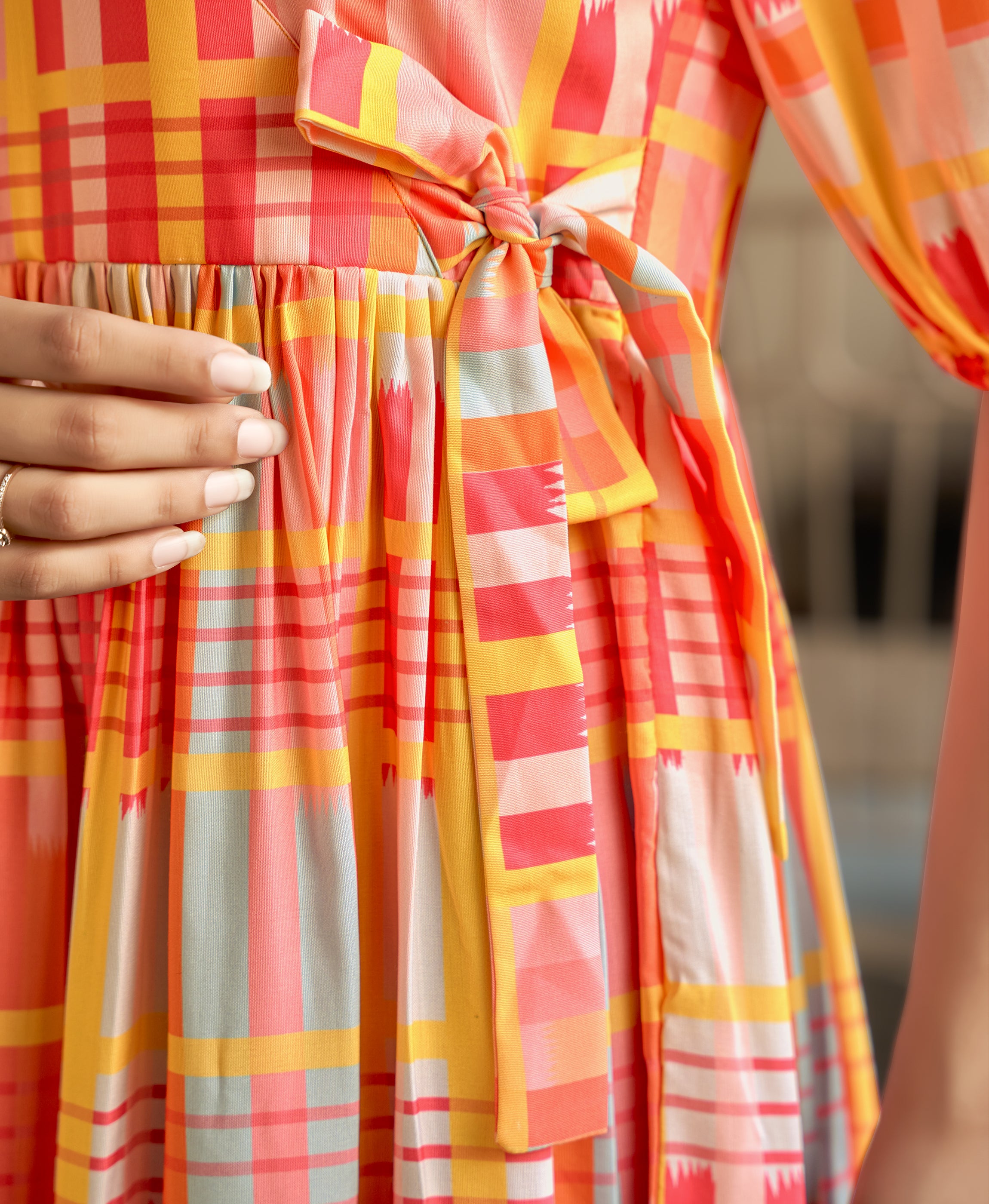 Her Couture Women's Multicolor Rayon Geometric Printed Flared Dress With Belt
