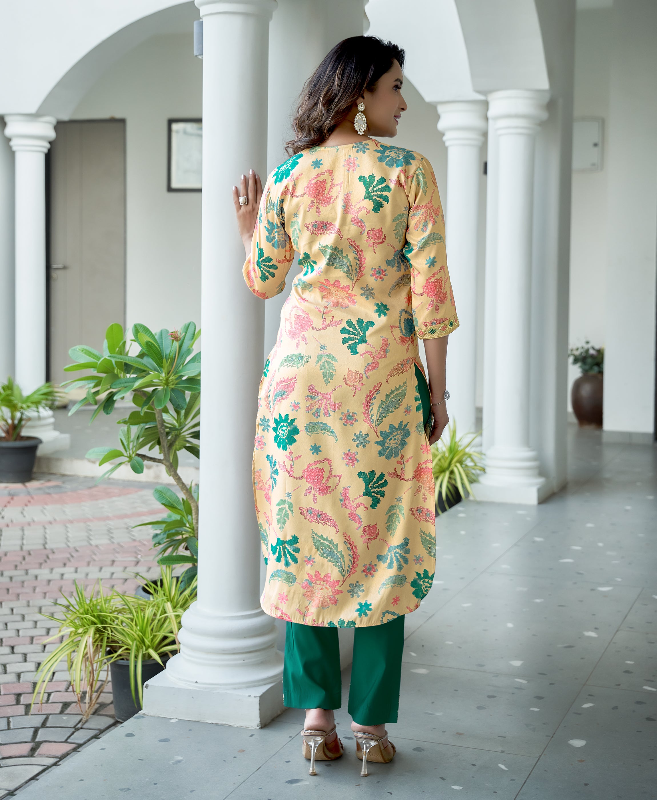Her Couture Women's Cream Shimmer Silk Floral Printed Embroidered Straight Kurta With Pant