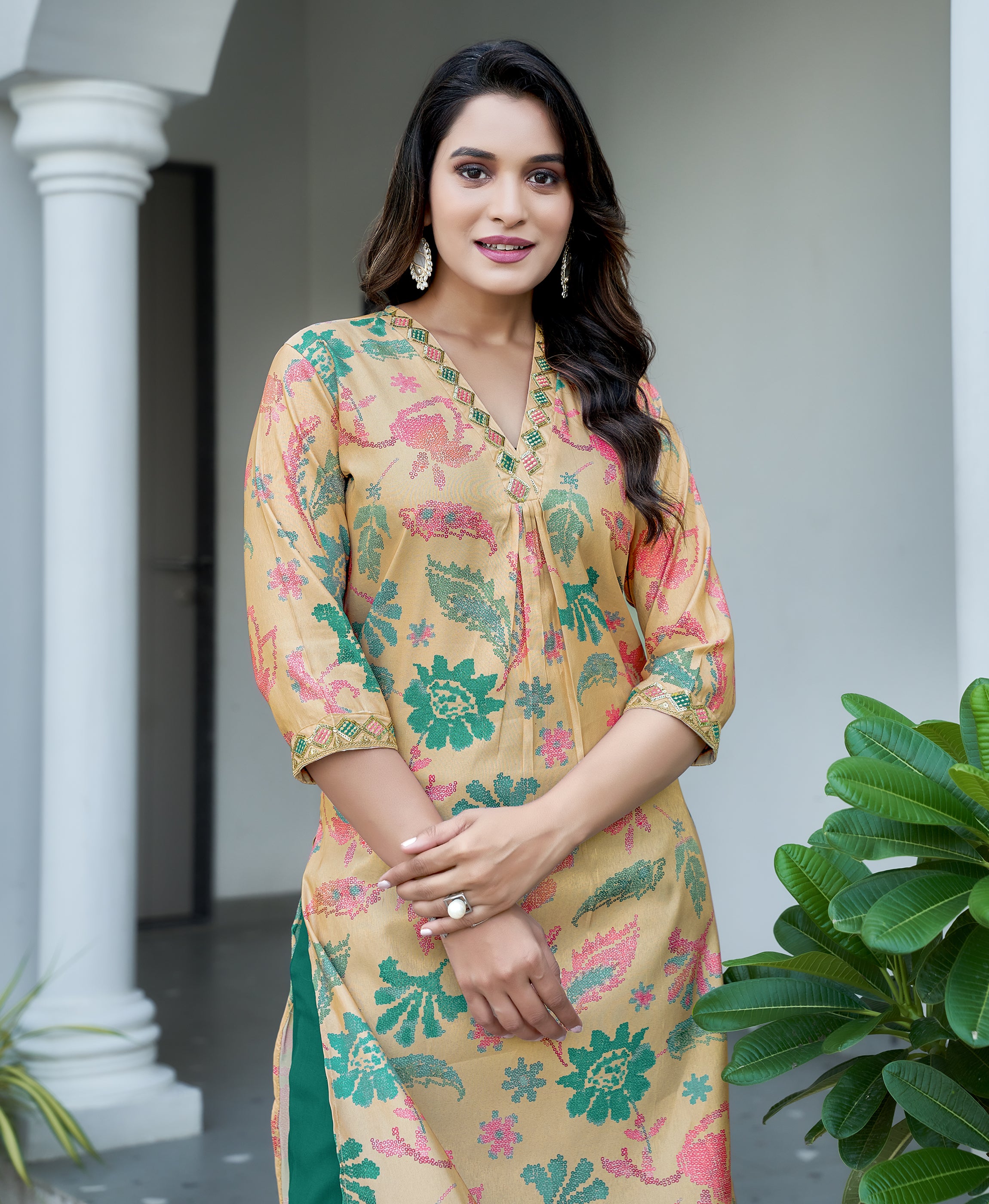 Her Couture Women's Cream Shimmer Silk Floral Printed Embroidered Straight Kurta With Pant