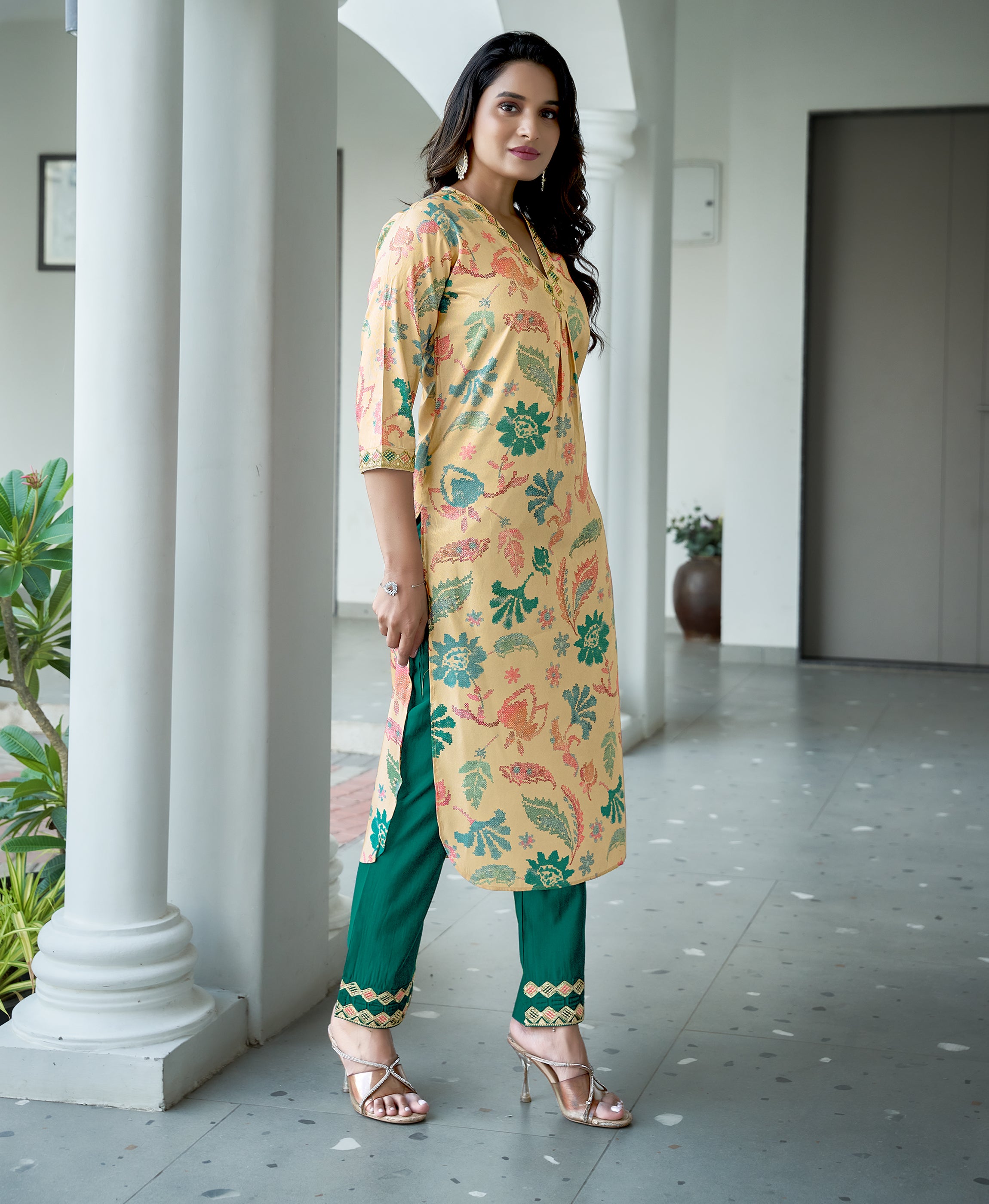 Her Couture Women's Cream Shimmer Silk Floral Printed Embroidered Straight Kurta With Pant