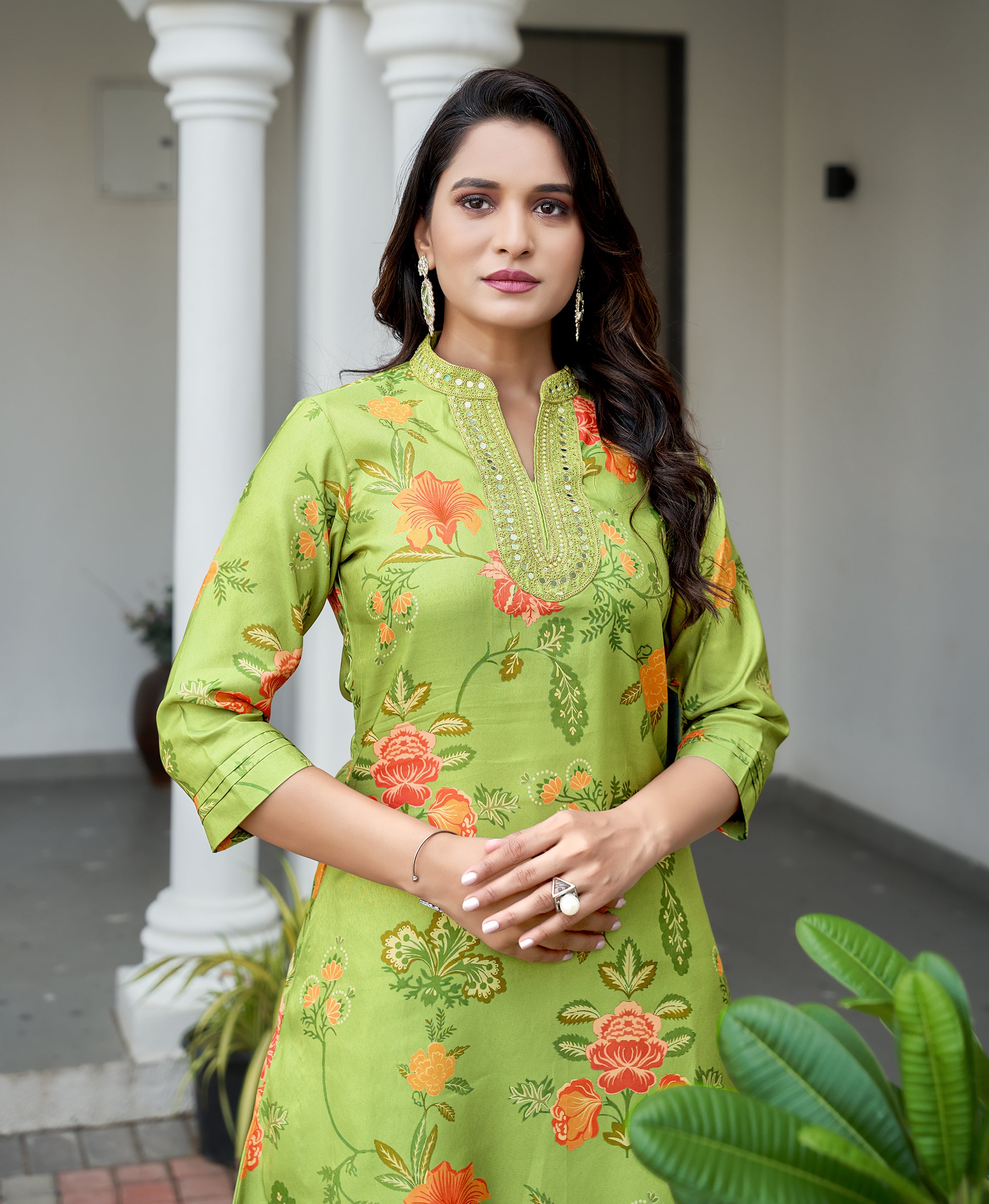 Her Couture Women's Green Shimmer Silk Floral Printed Embroidered Asymmetric Kurta With Pant