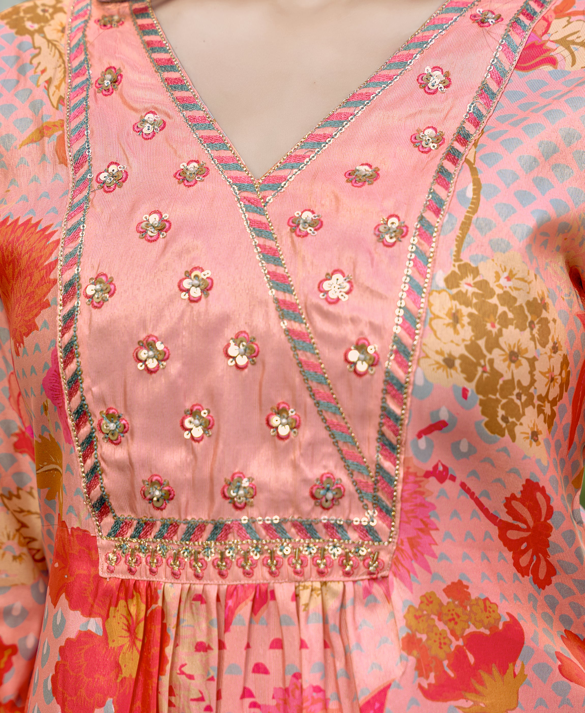 Her Couture Women's Multicolor Shimmer Silk Floral Printed Embroidered Asymmetric Kurta With Pant
