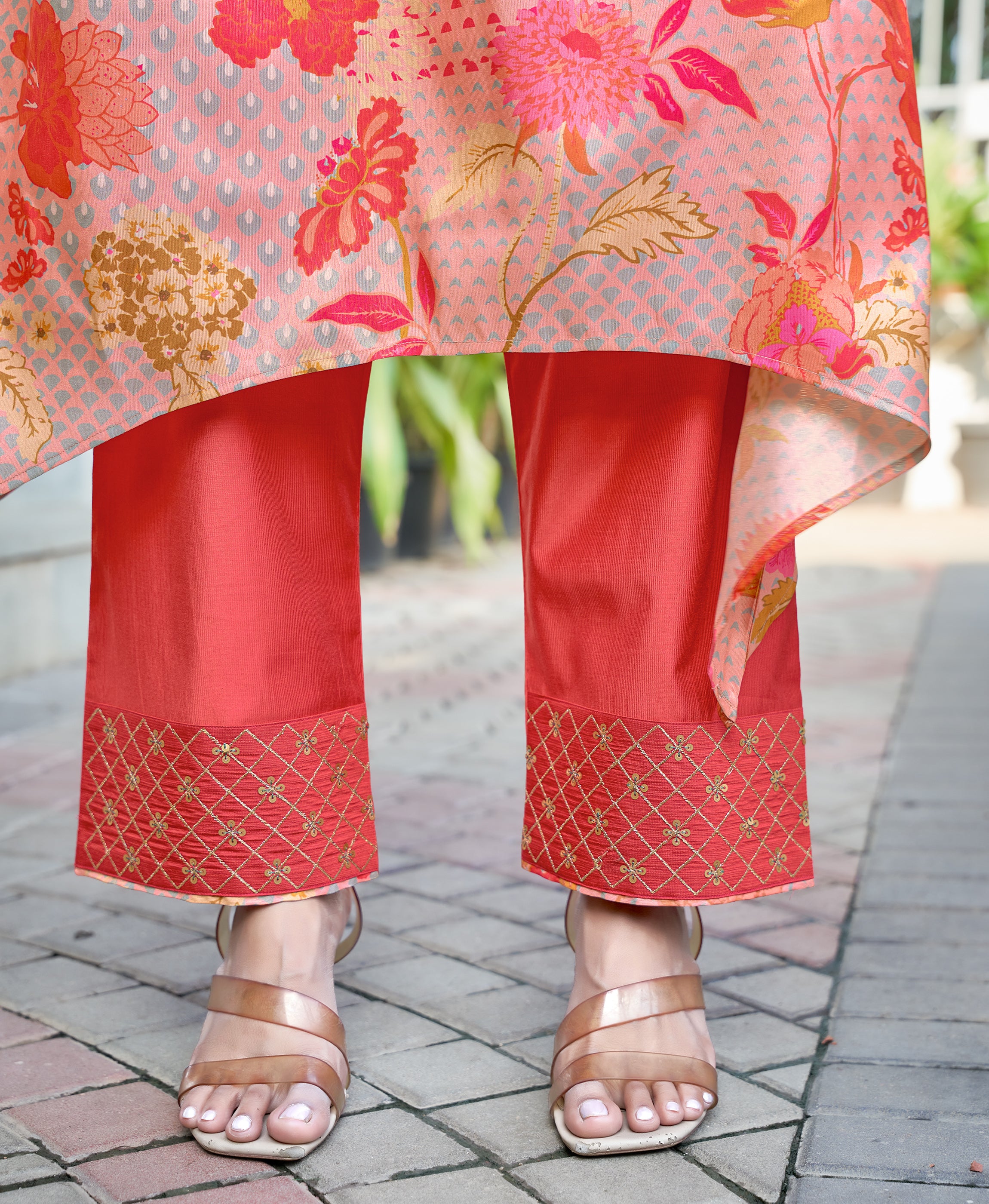 Her Couture Women's Multicolor Shimmer Silk Floral Printed Embroidered Asymmetric Kurta With Pant