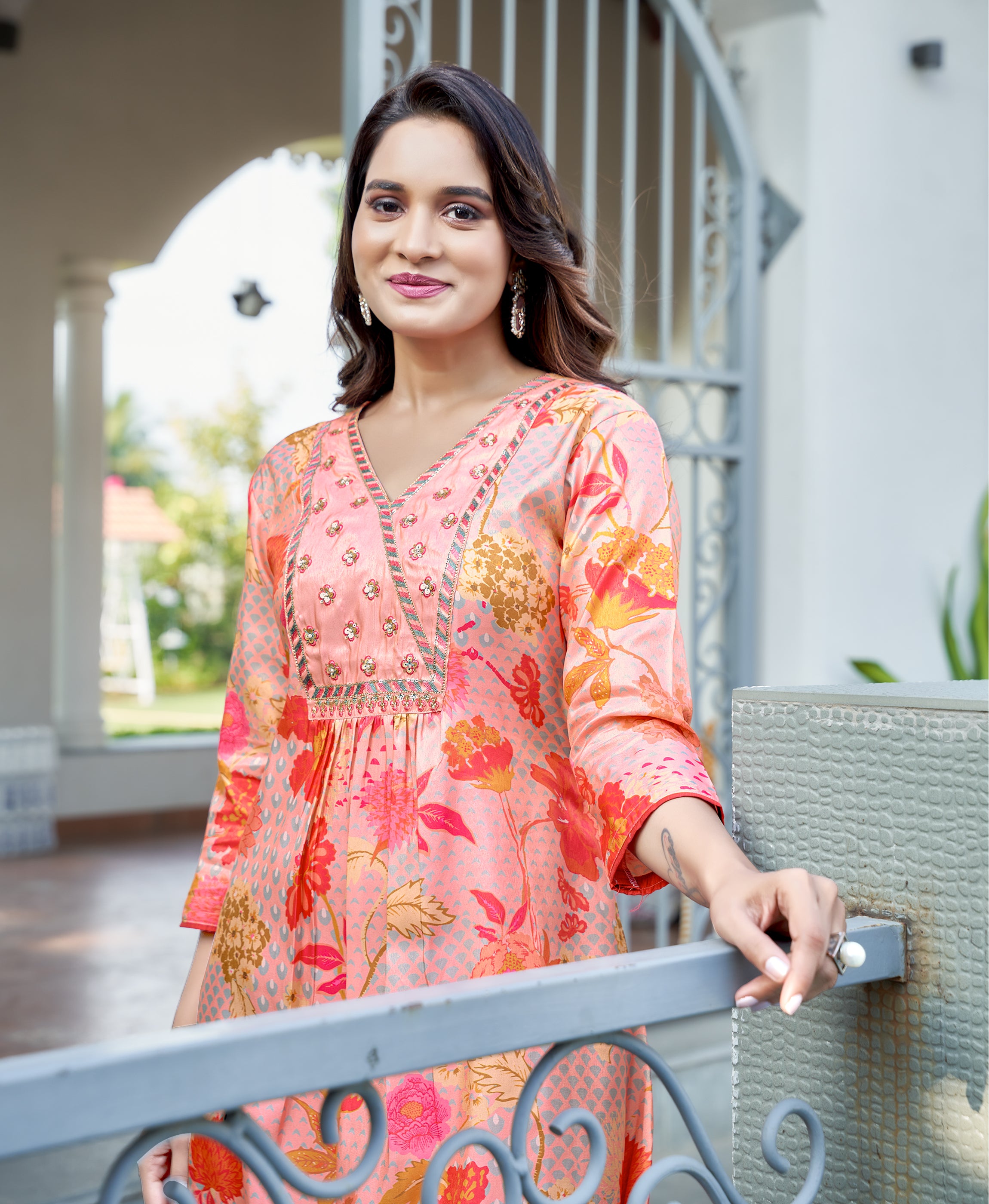 Her Couture Women's Multicolor Shimmer Silk Floral Printed Embroidered Asymmetric Kurta With Pant
