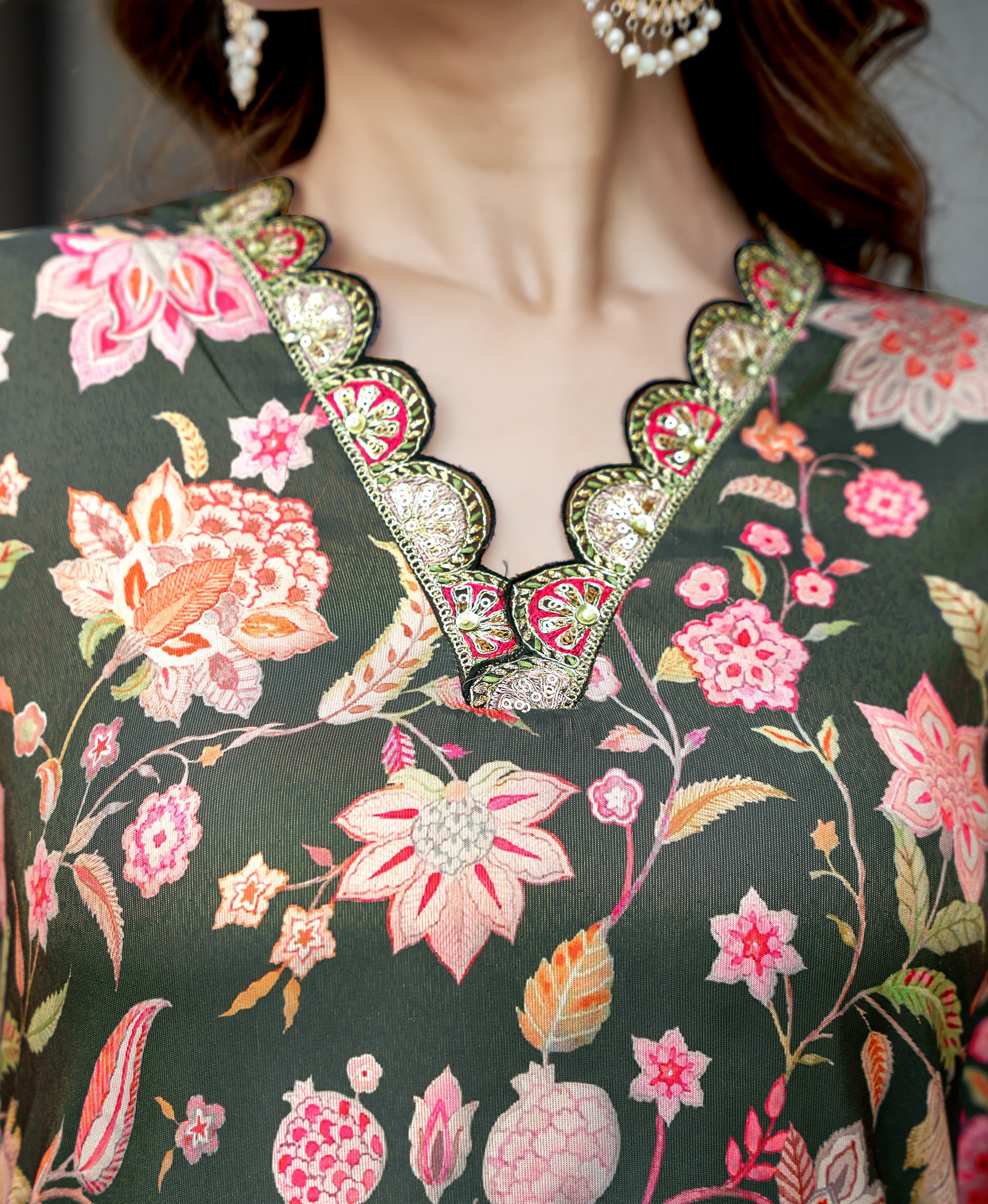 Her Couture Women's Black Shimmer Silk Floral Printed Embroidered Asymmetric Kurta With Pant