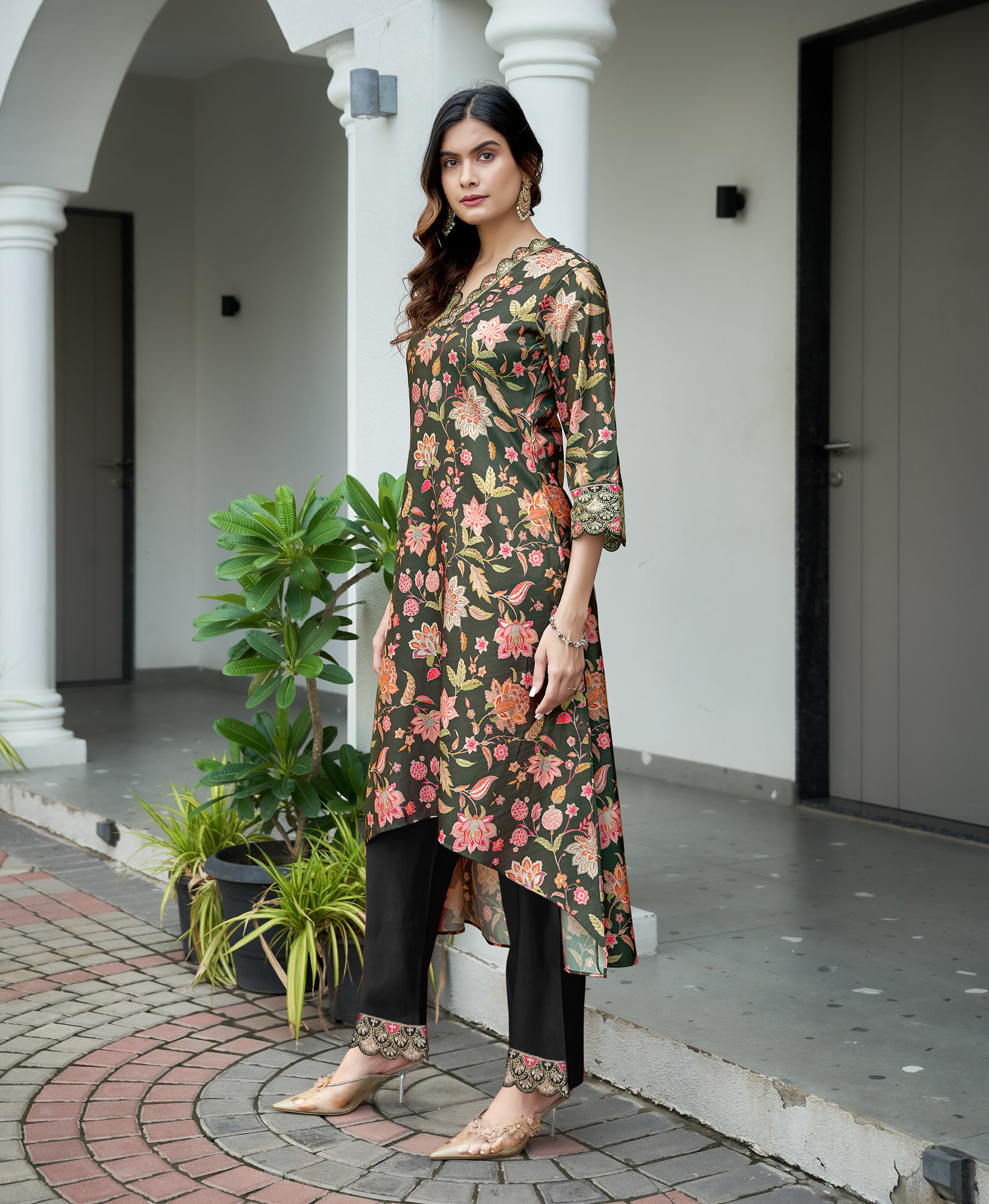 Her Couture Women's Black Shimmer Silk Floral Printed Embroidered Asymmetric Kurta With Pant