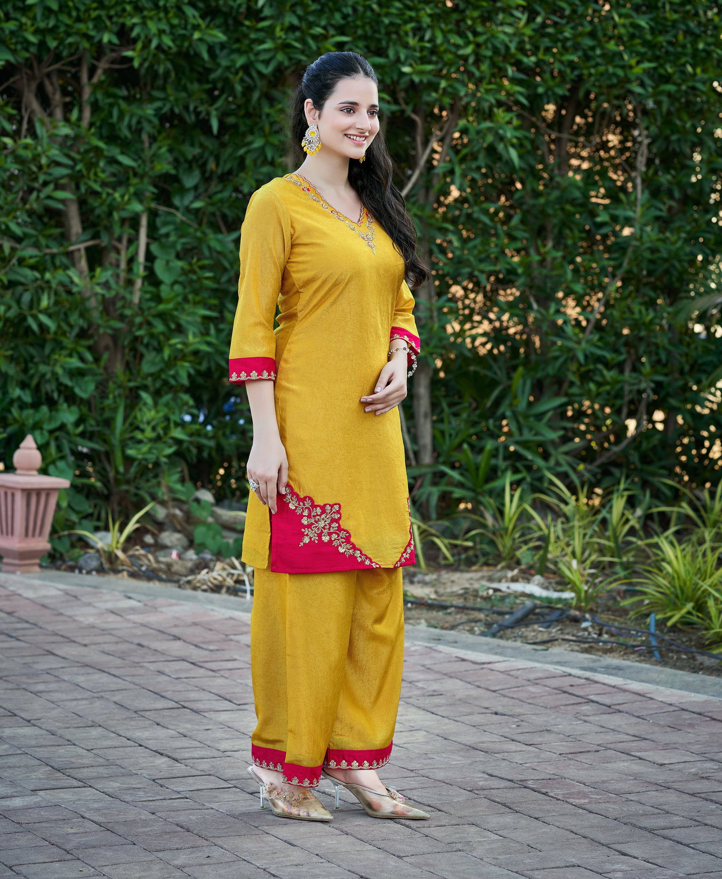 Her Couture Women's Yellow Viscose Spider Floral Embroidered Festive & Party Co-ord Set