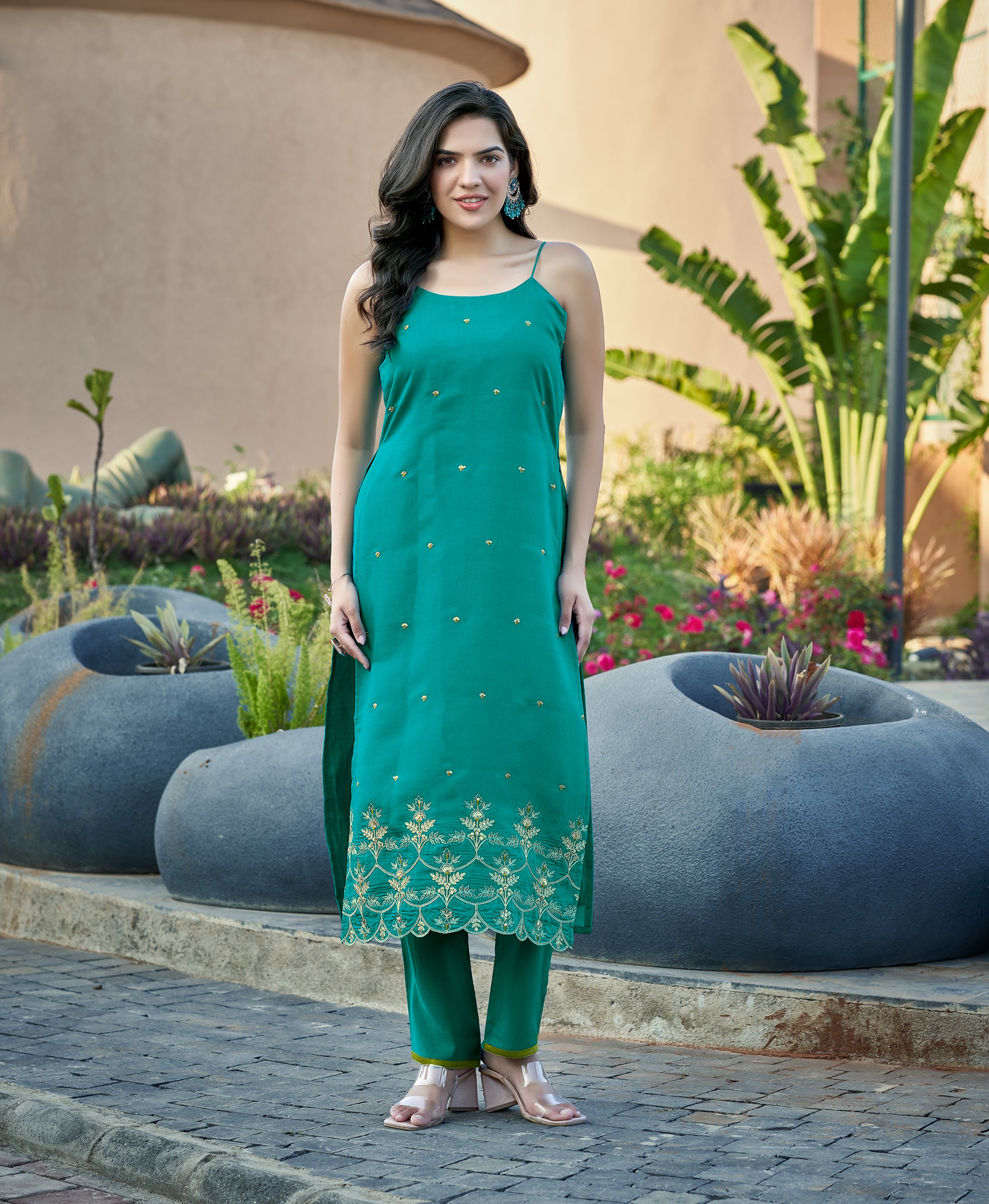 Teal Green Viscose Shimmer Straight Festive & Party Kurta Set by Her Couture