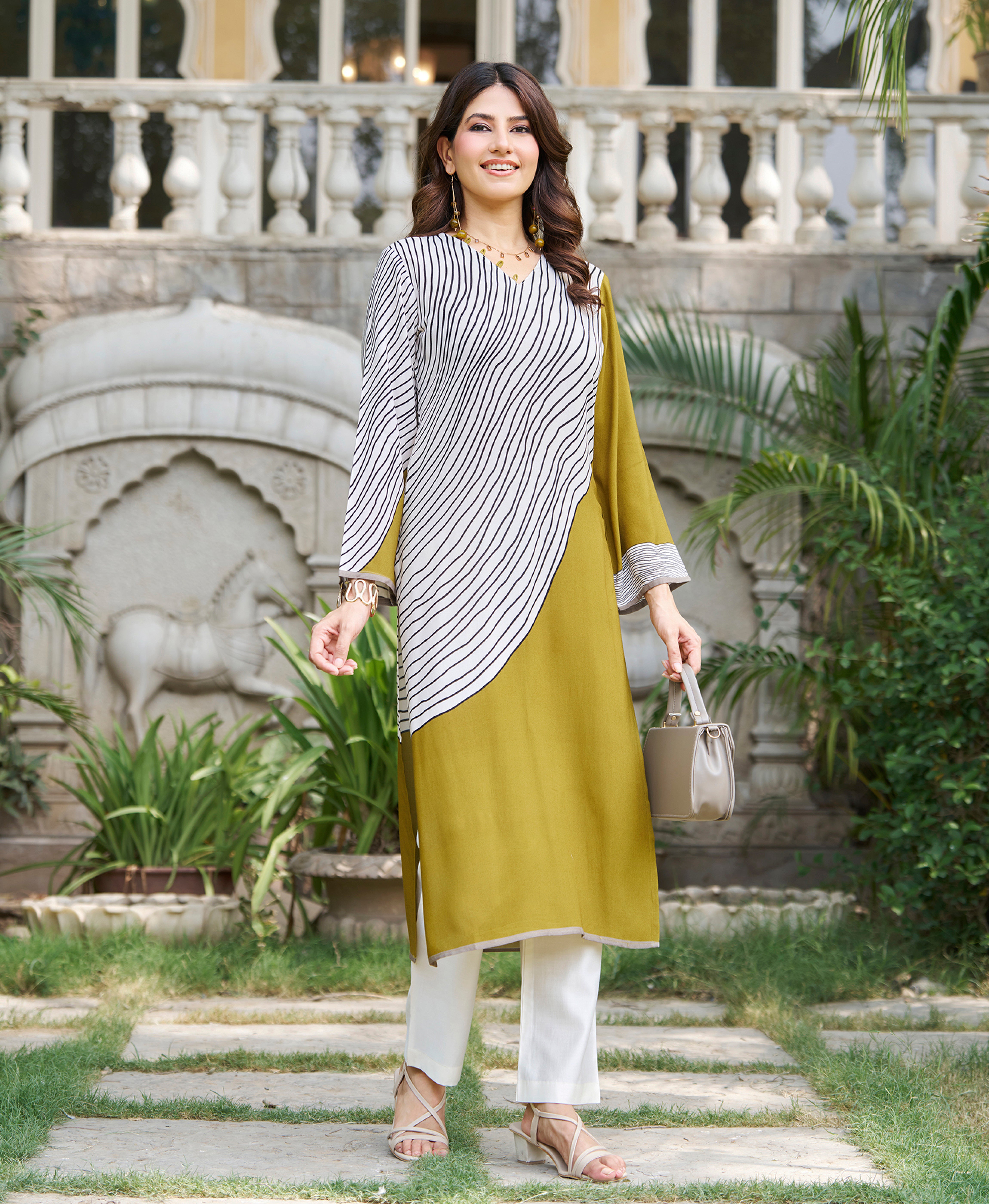 Her Couture Women's Mustard Viscose Rayon Stripes Printed Straight Kurta