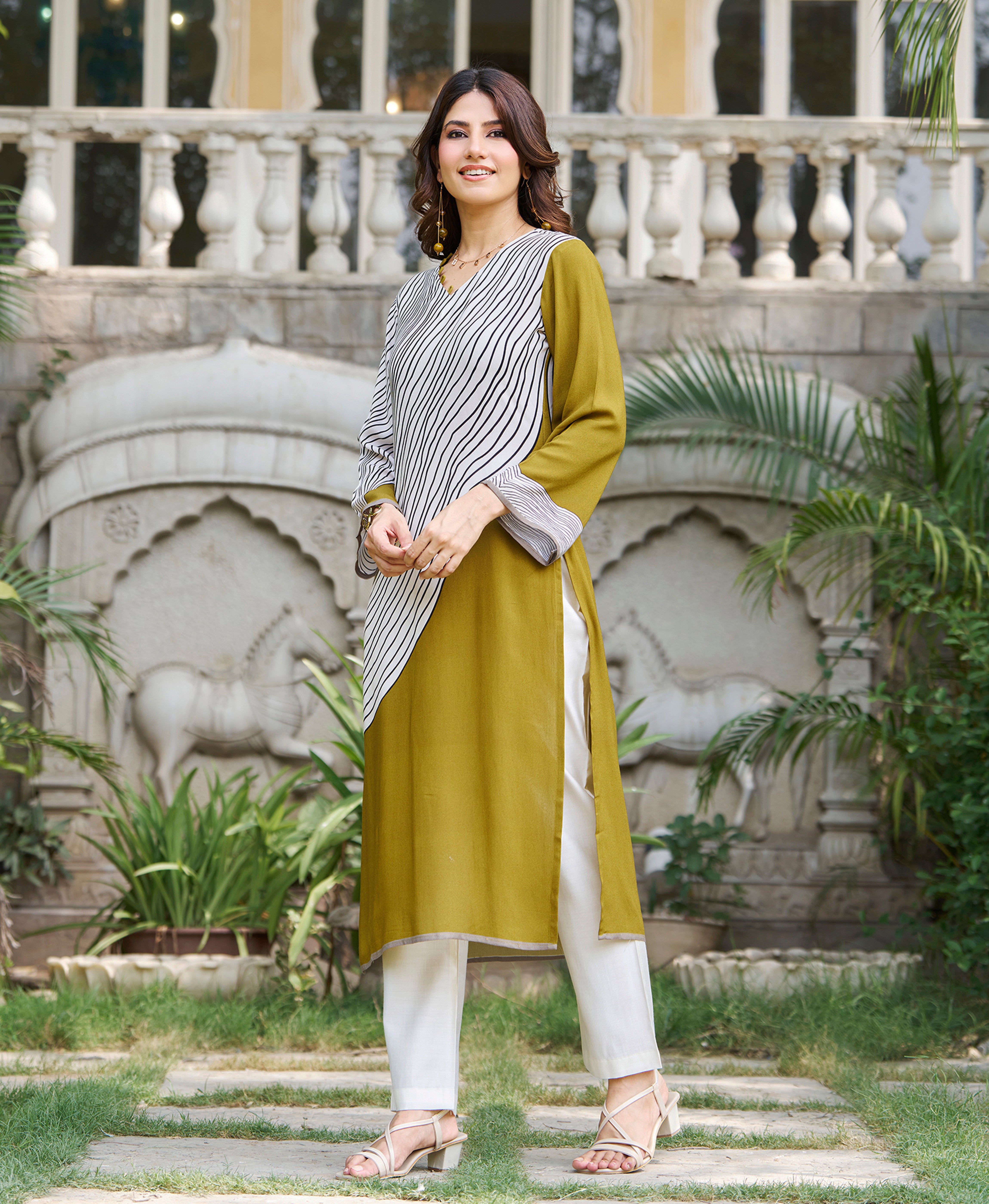 Her Couture Women's Mustard Viscose Rayon Stripes Printed Straight Kurta