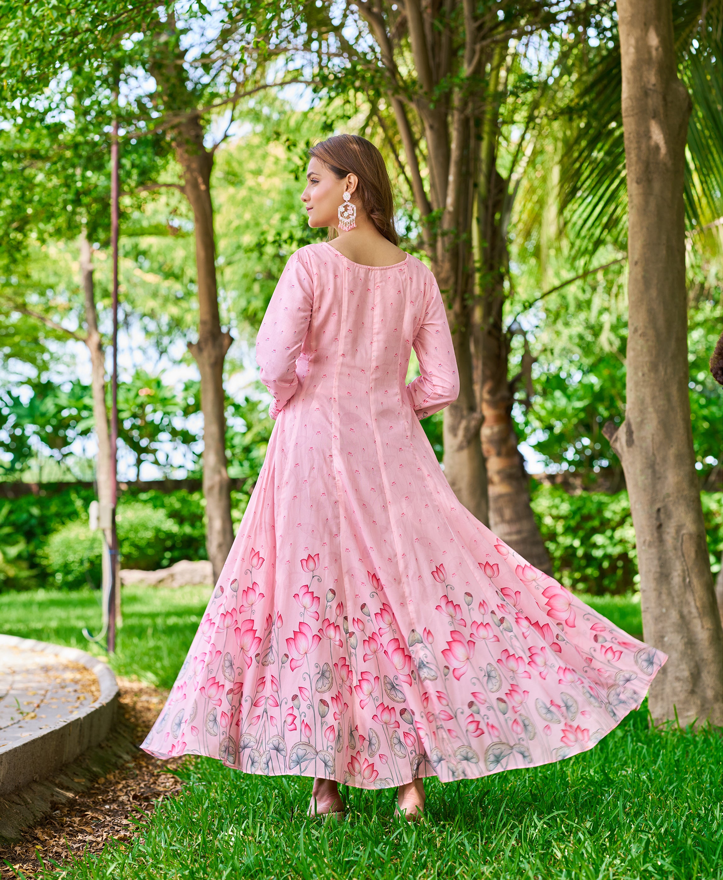 Her Couture Women's Pink Viscose Embroidered Floral Printed Nyra-cut Dress With Beads, Kantha Work Mirror Work and Sequins