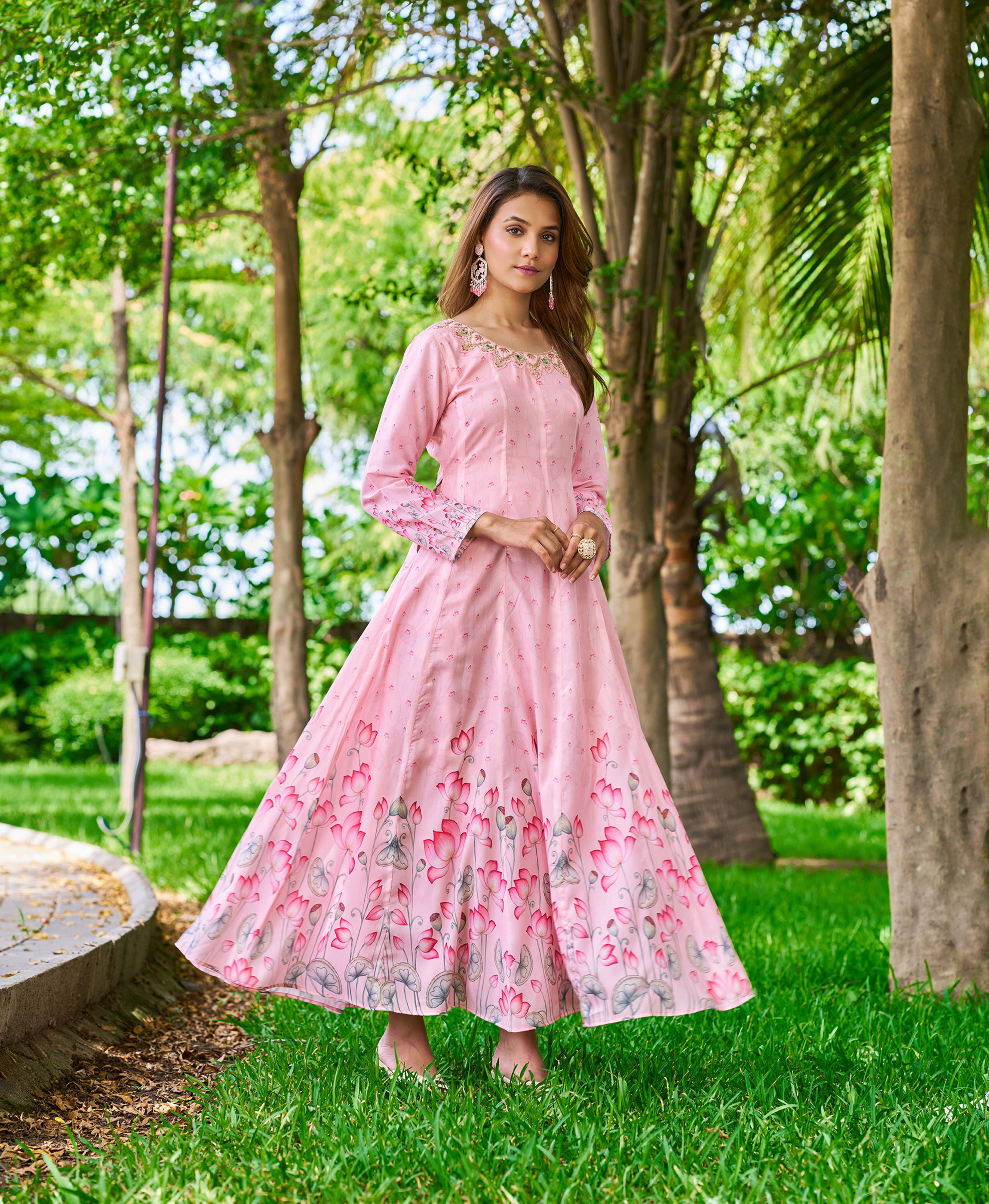 Her Couture Women's Pink Viscose Embroidered Floral Printed Nyra-cut Dress With Beads, Kantha Work Mirror Work and Sequins