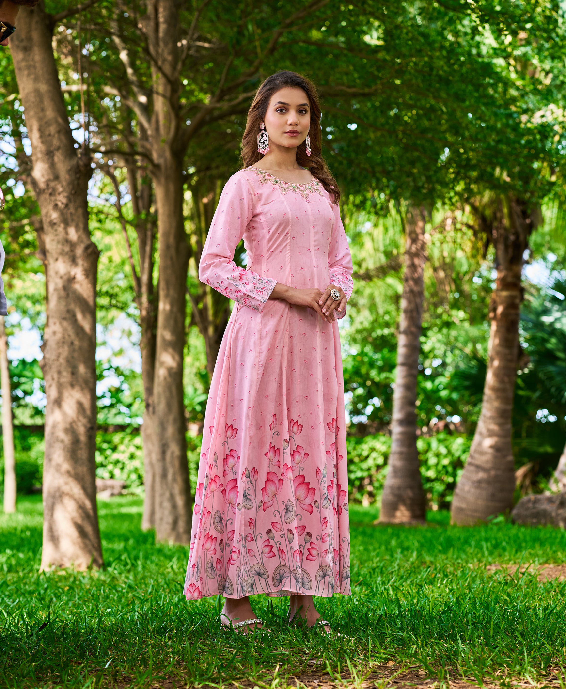 Her Couture Women's Pink Viscose Embroidered Floral Printed Nyra-cut Dress With Beads, Kantha Work Mirror Work and Sequins