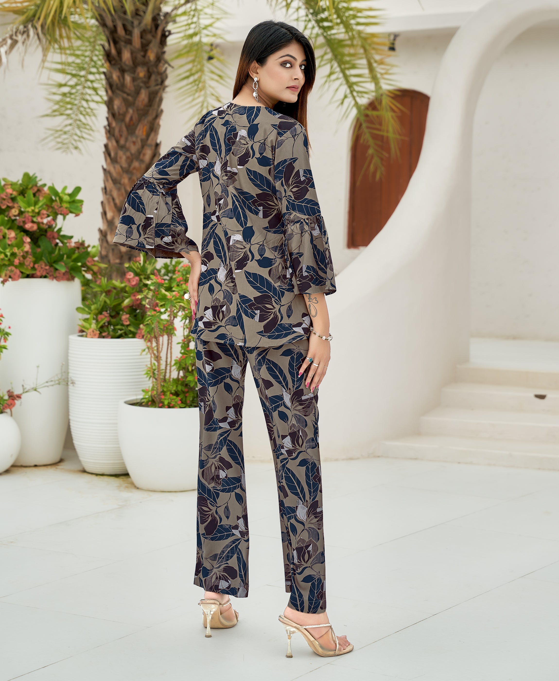 Her Couture Women's Brown Viscose Blend Floral Printed Festive & Party Co-ord Set