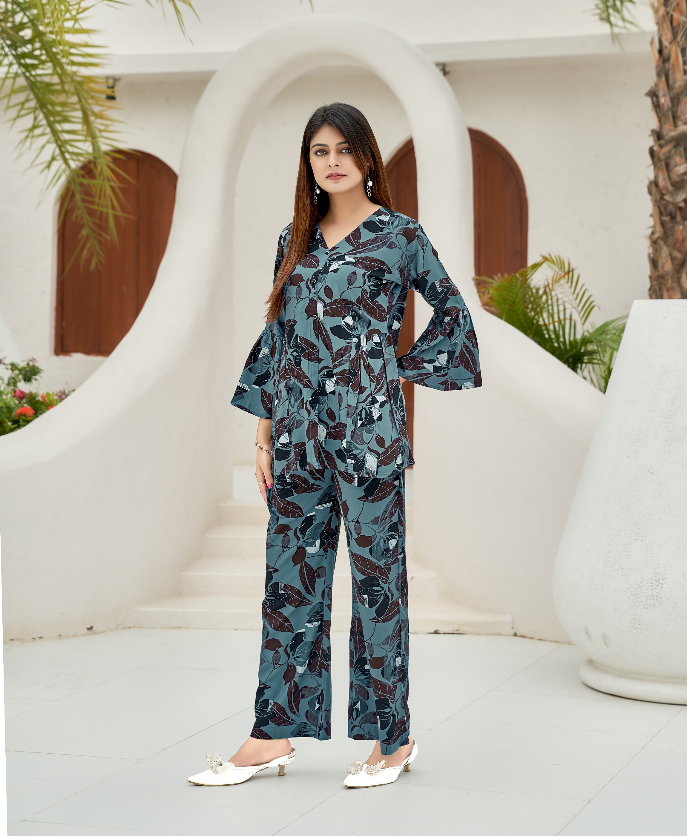 Her Couture Women's Blue Viscose Blend Floral Printed Festive & Party Co-ord Set