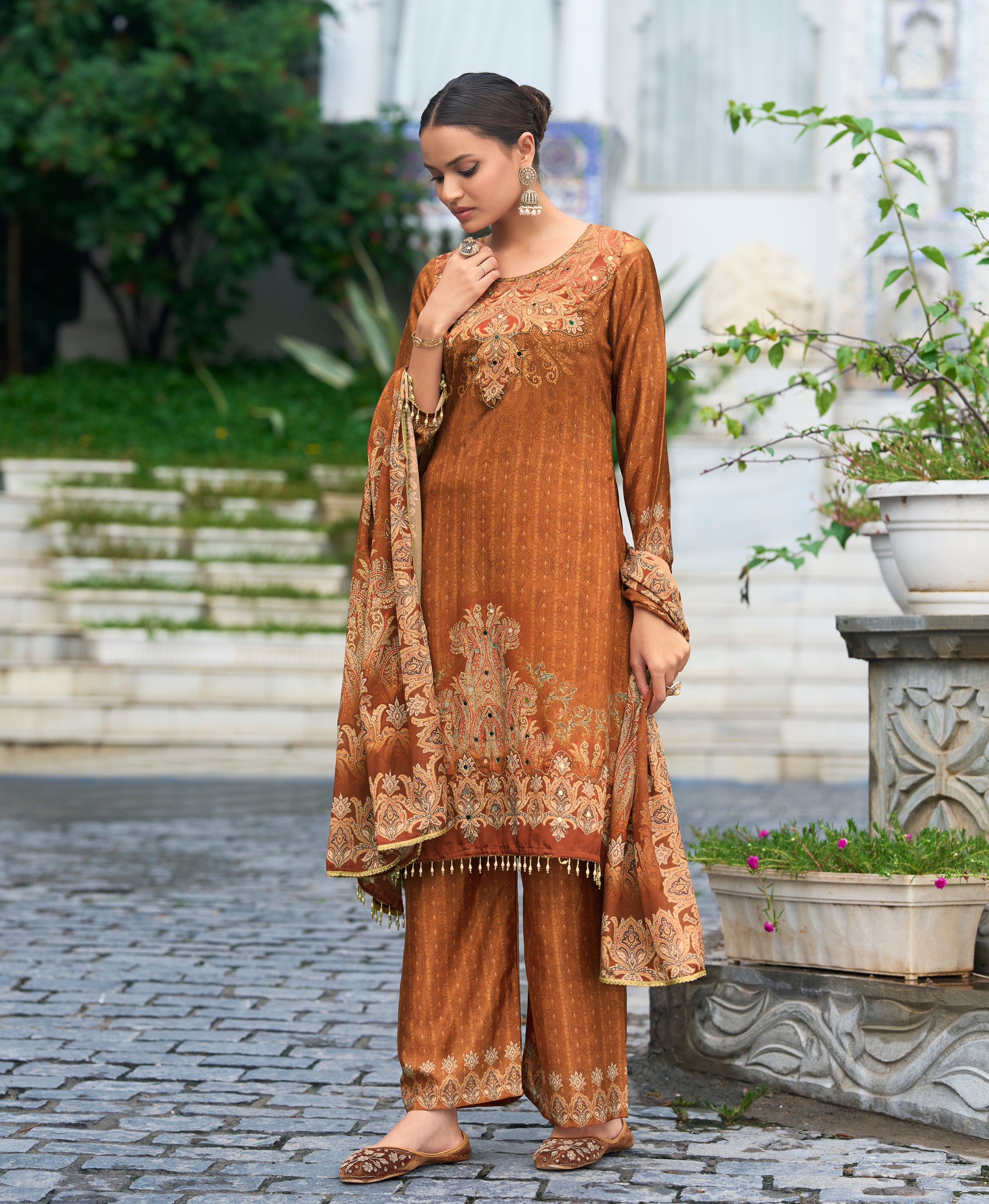 Her Couture Women's Rust Brown Chinon Chiffon Pakistani Printed Pakistani Style Kurta With Palazzo & Printed Dupatta