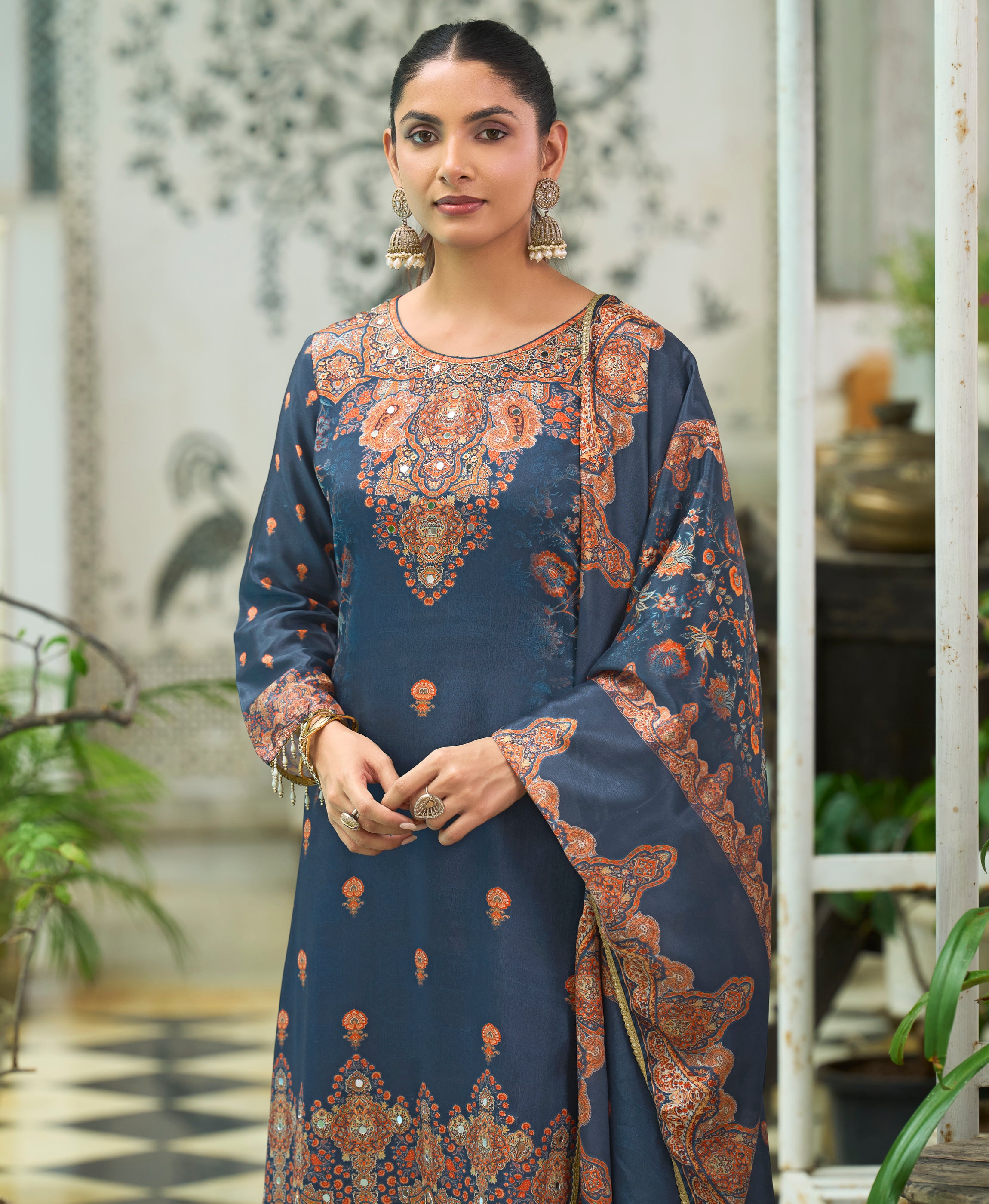Her Couture Women's Navy Blue Chinon Chiffon Pakistani Printed Pakistani Style Kurta With Palazzo & Printed Dupatta