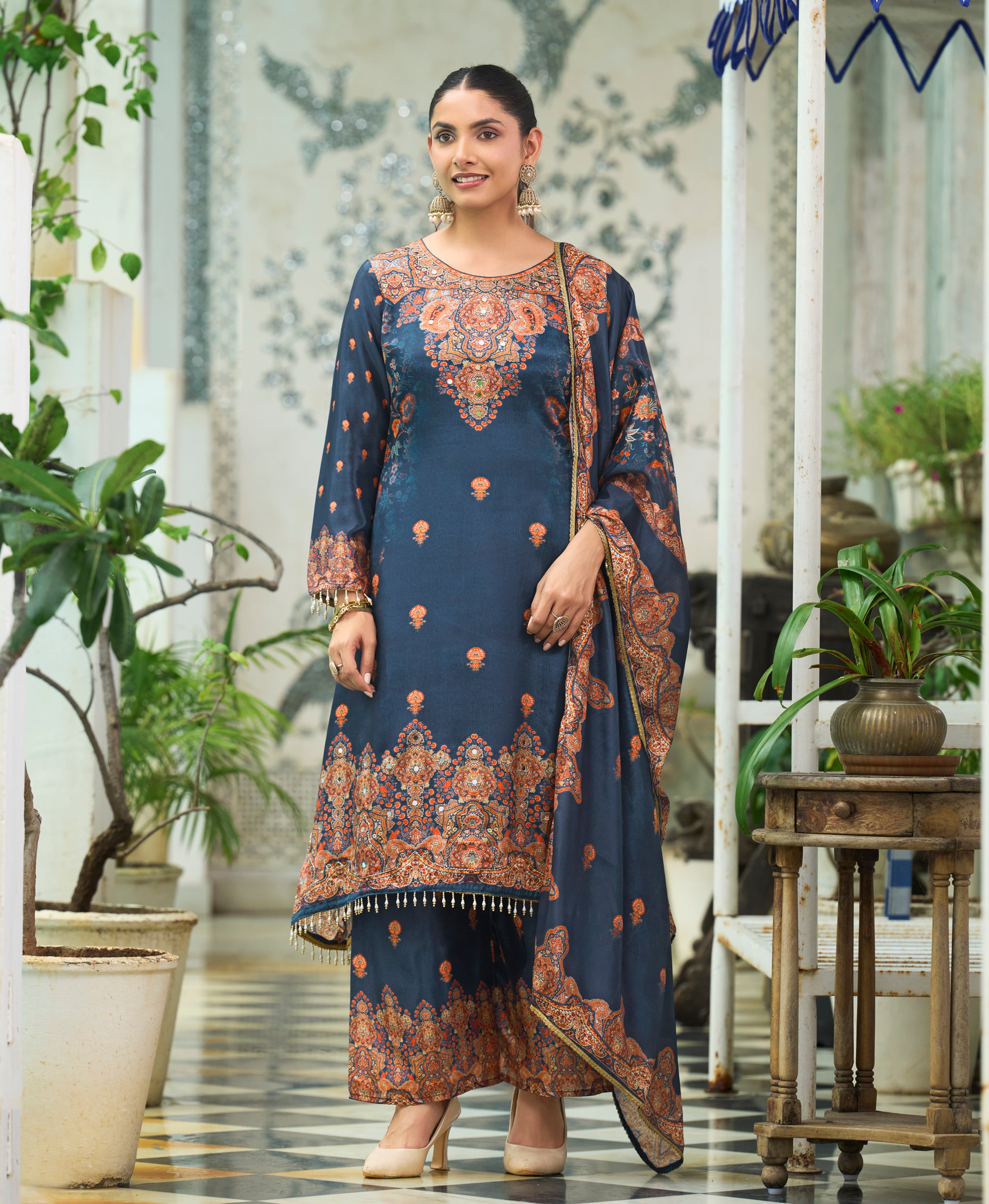 Her Couture Women's Navy Blue Chinon Chiffon Pakistani Printed Pakistani Style Kurta With Palazzo & Printed Dupatta