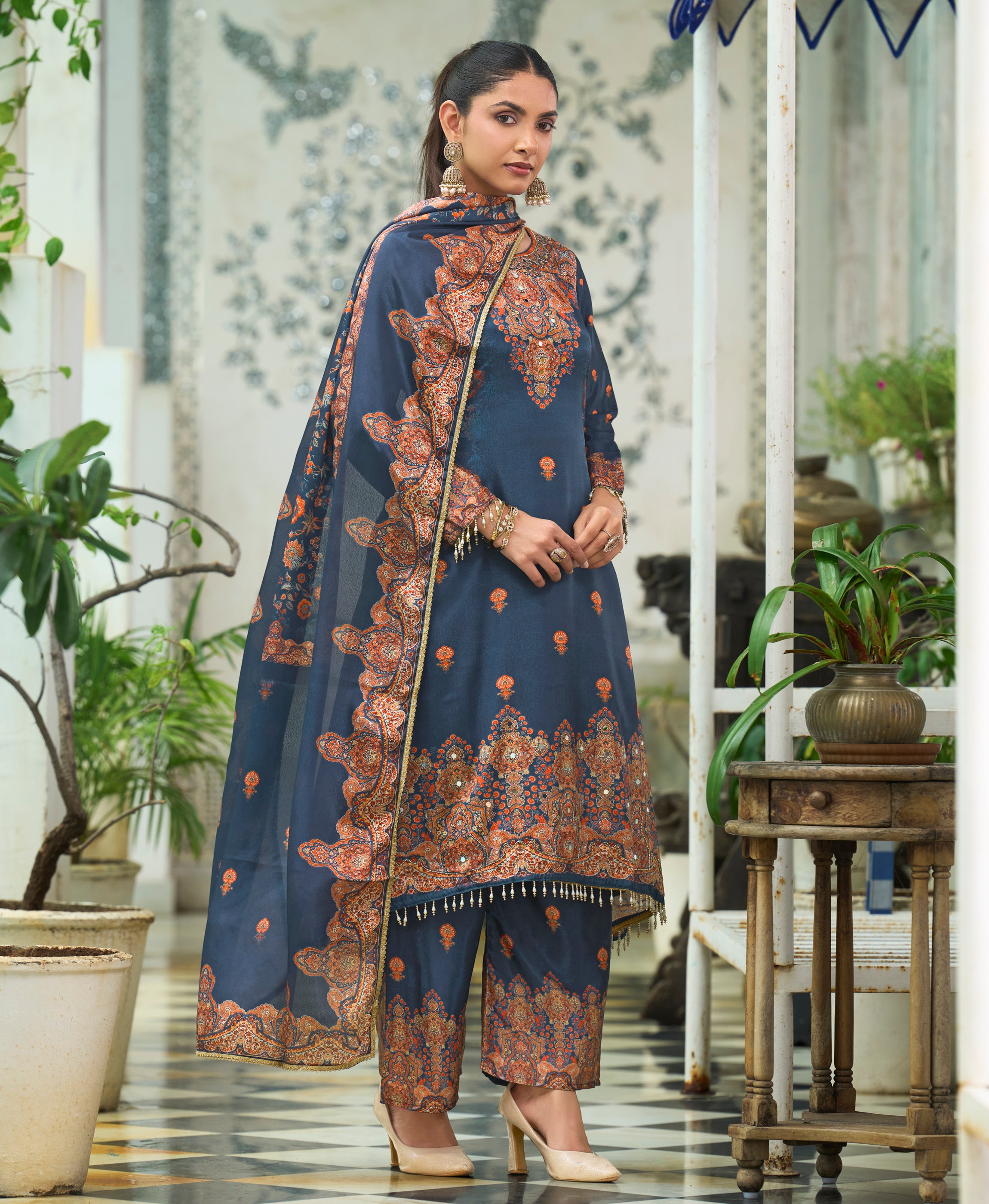 Her Couture Women's Navy Blue Chinon Chiffon Pakistani Printed Pakistani Style Kurta With Palazzo & Printed Dupatta