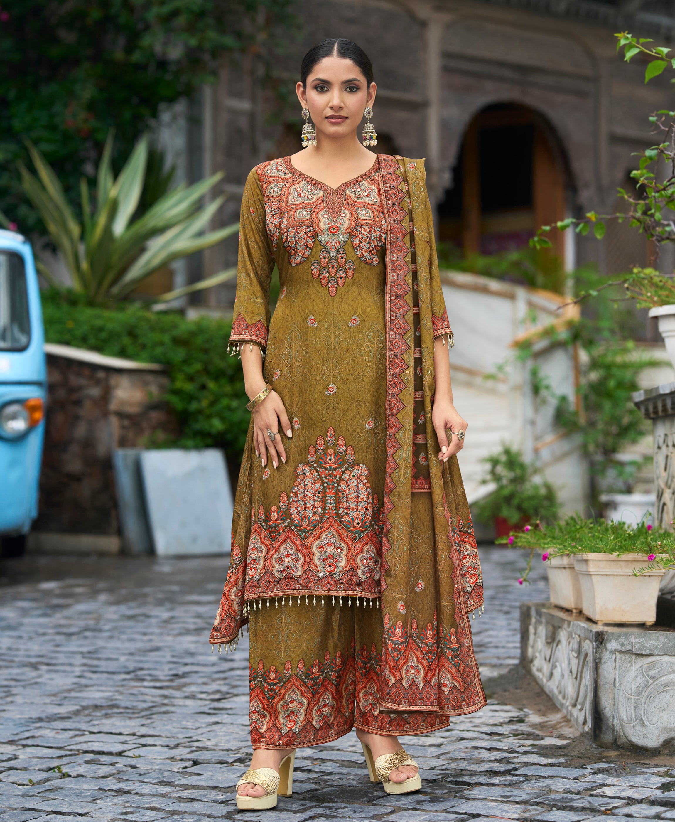 Olive Green Chinon Chiffon Pakistani Style Festive & Party Kurta Set By Her Couture