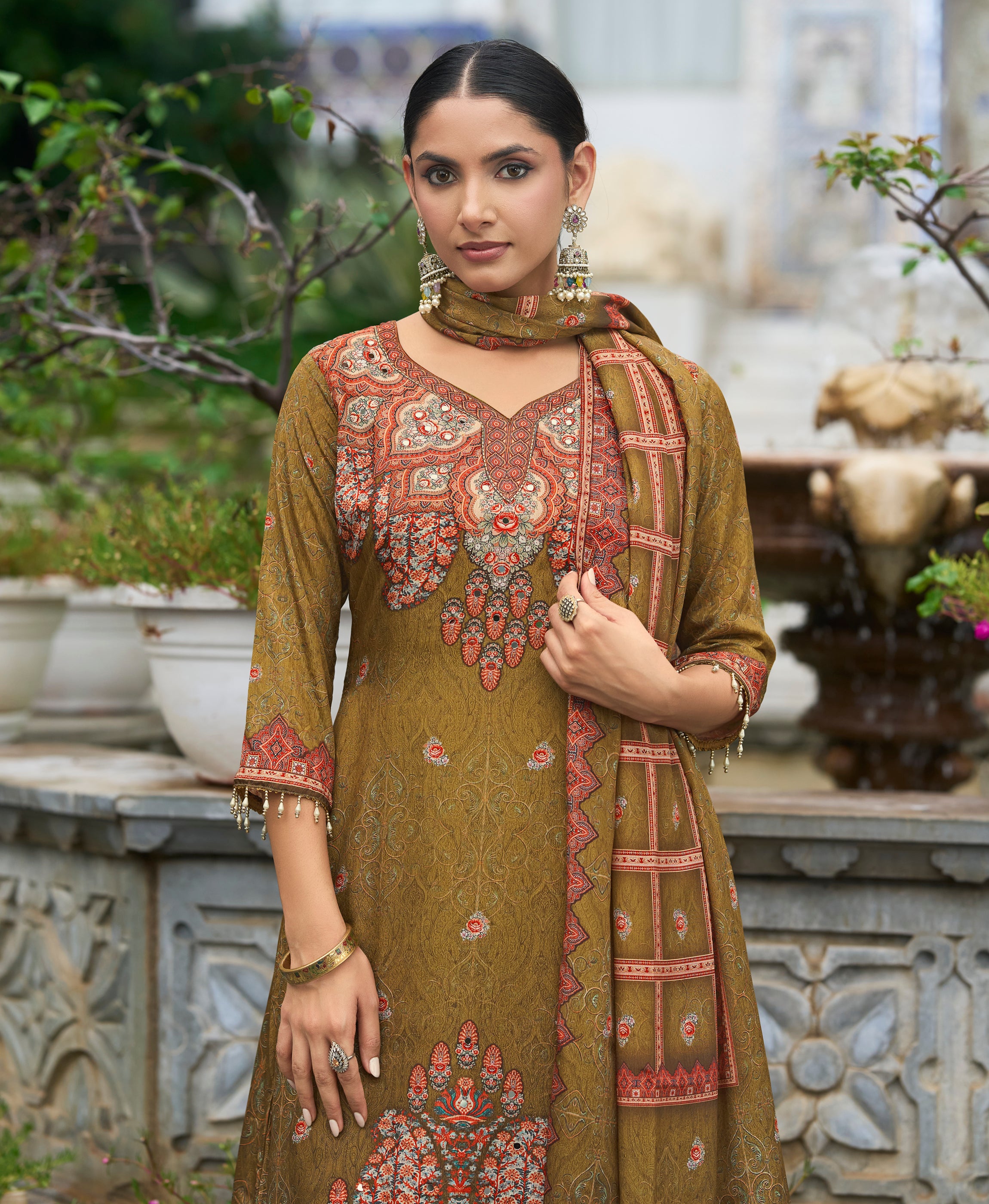 Her Couture Women's Olive Green Chinon Chiffon Pakistani Printed Pakistani Style Kurta With Palazzo & Printed Dupatta