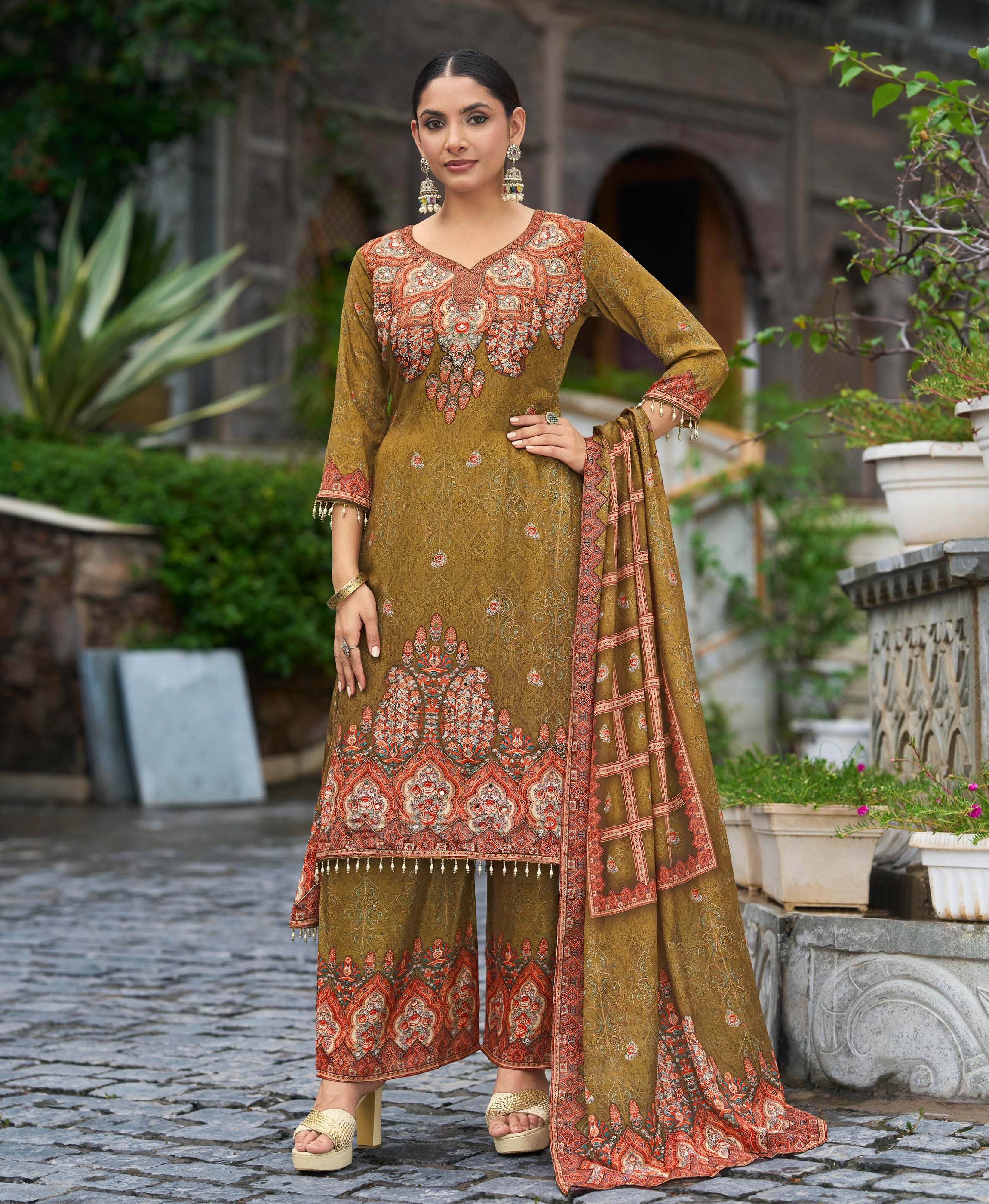 Her Couture Women's Olive Green Chinon Chiffon Pakistani Printed Pakistani Style Kurta With Palazzo & Printed Dupatta