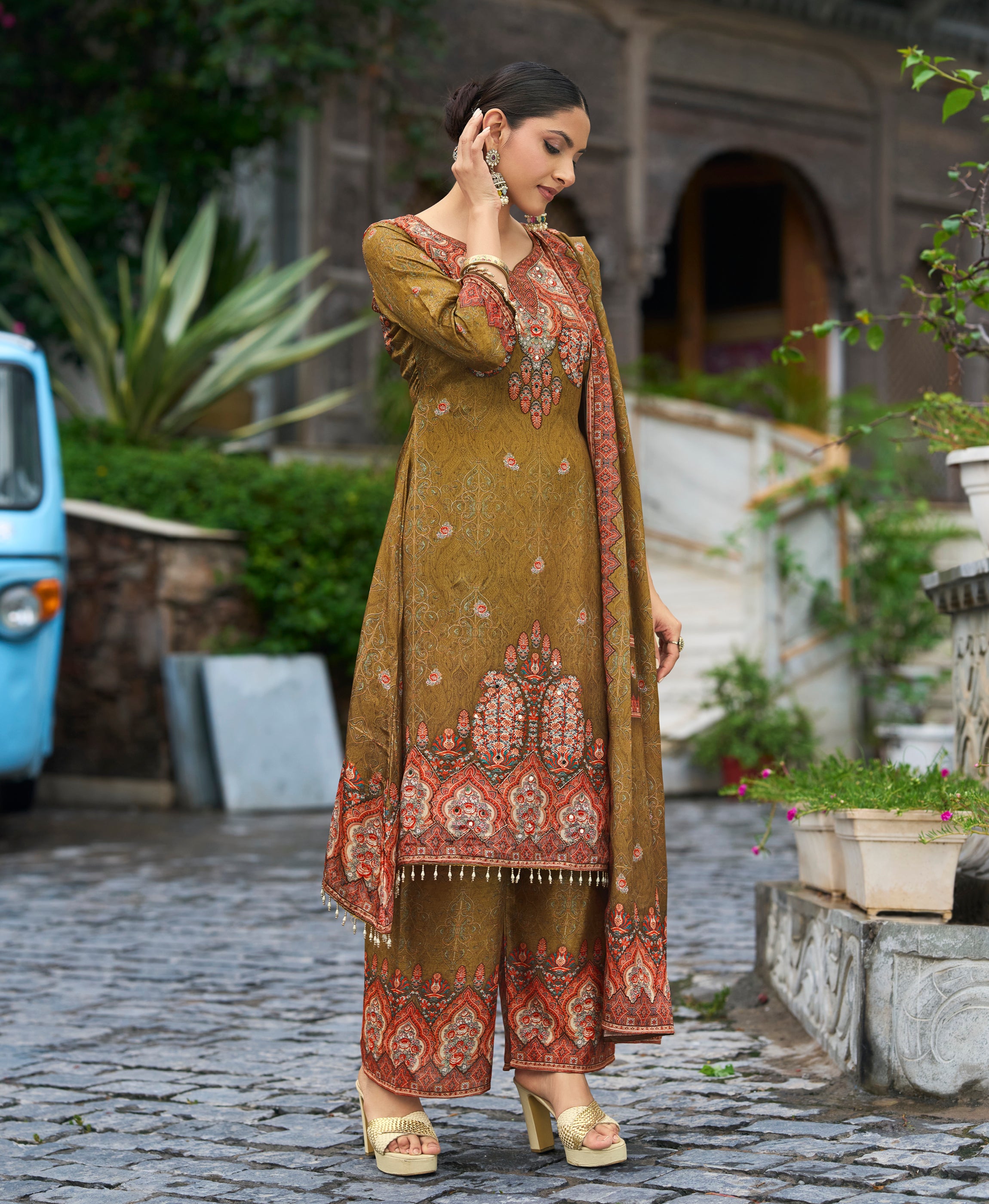 Her Couture Women's Olive Green Chinon Chiffon Pakistani Printed Pakistani Style Kurta With Palazzo & Printed Dupatta