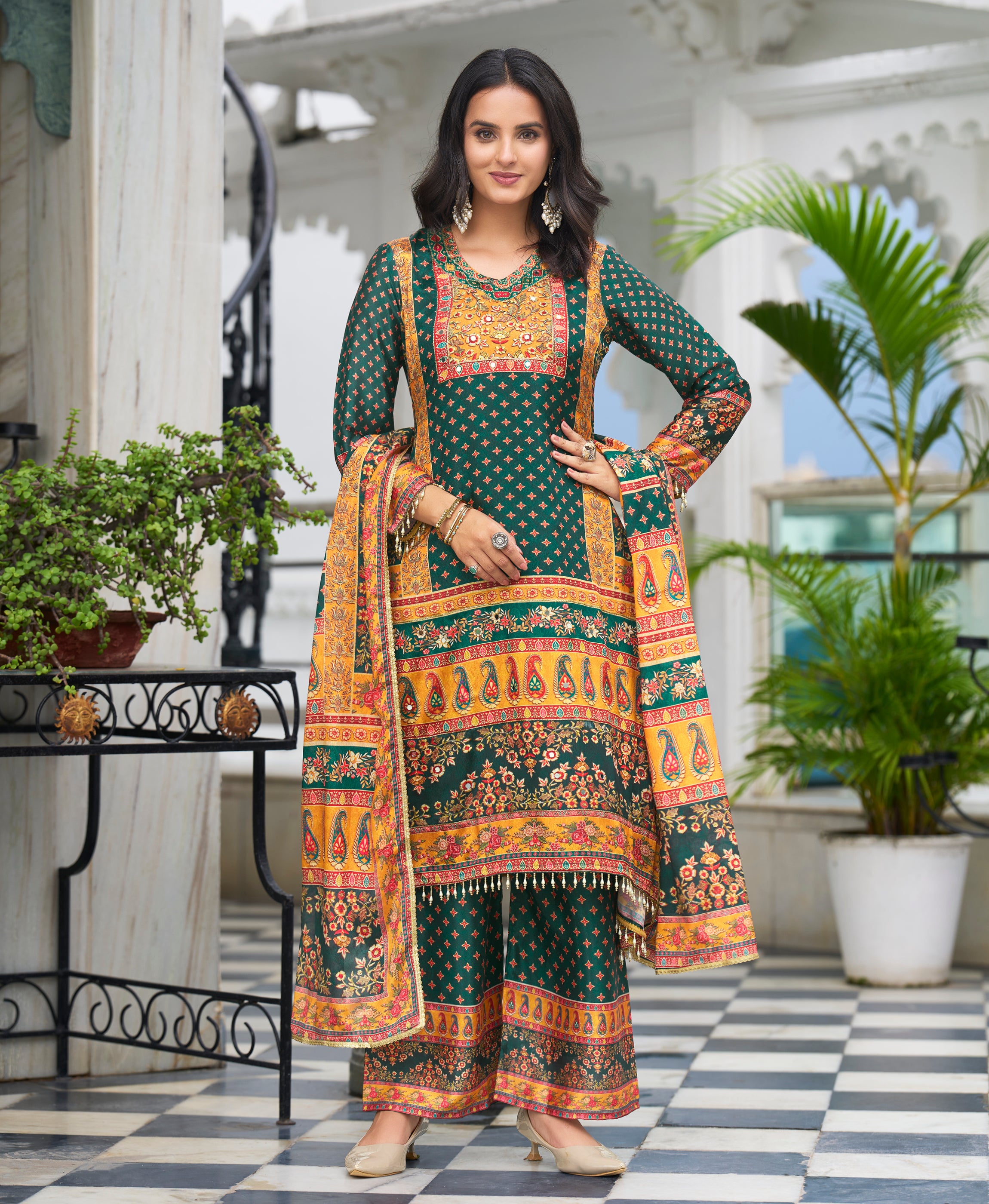 Green Chinon Chiffon Pakistani Style Festive & Party Kurta Set By Her Couture