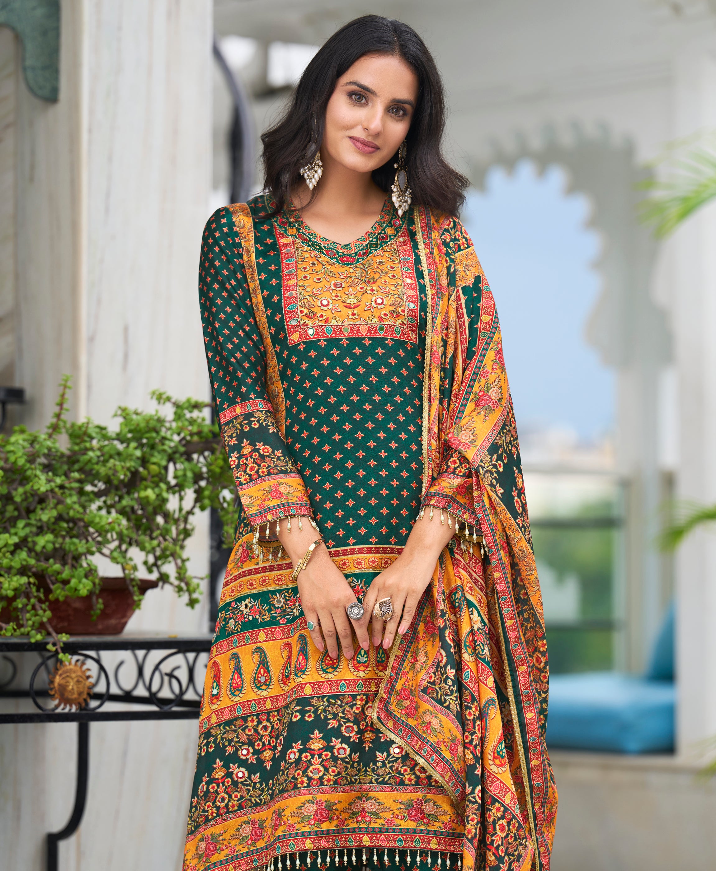 Her Couture Women's Green Chinon Chiffon Pakistani Printed Pakistani Style Kurta With Palazzo & Printed Dupatta