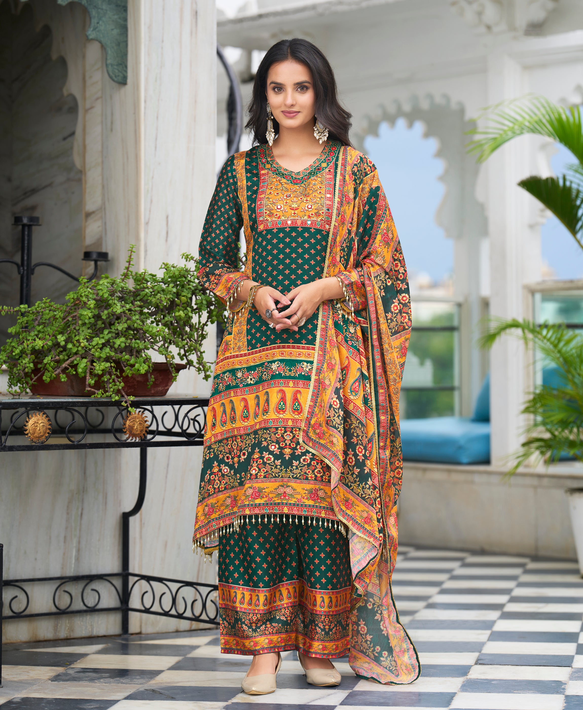 Her Couture Women's Green Chinon Chiffon Pakistani Printed Pakistani Style Kurta With Palazzo & Printed Dupatta