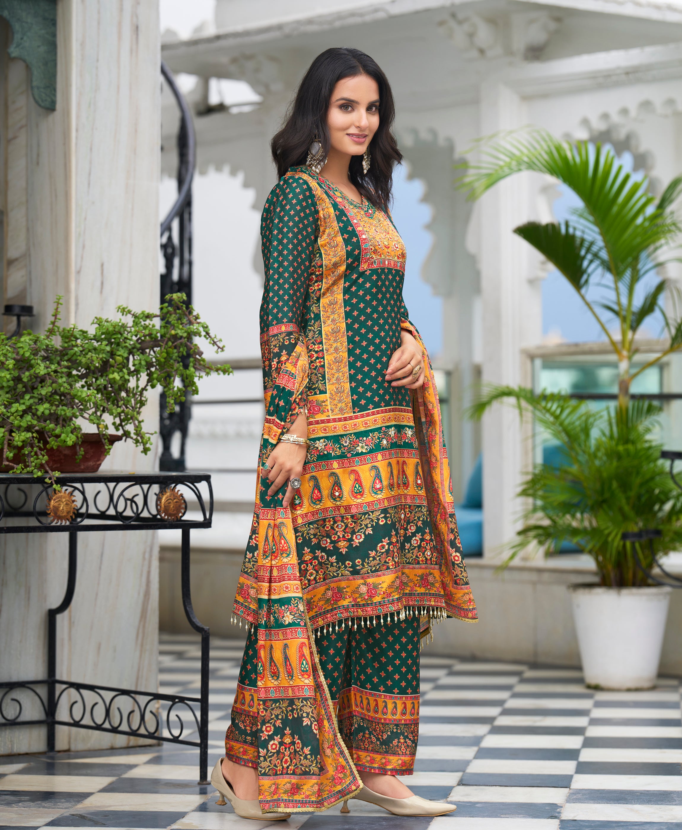 Her Couture Women's Green Chinon Chiffon Pakistani Printed Pakistani Style Kurta With Palazzo & Printed Dupatta
