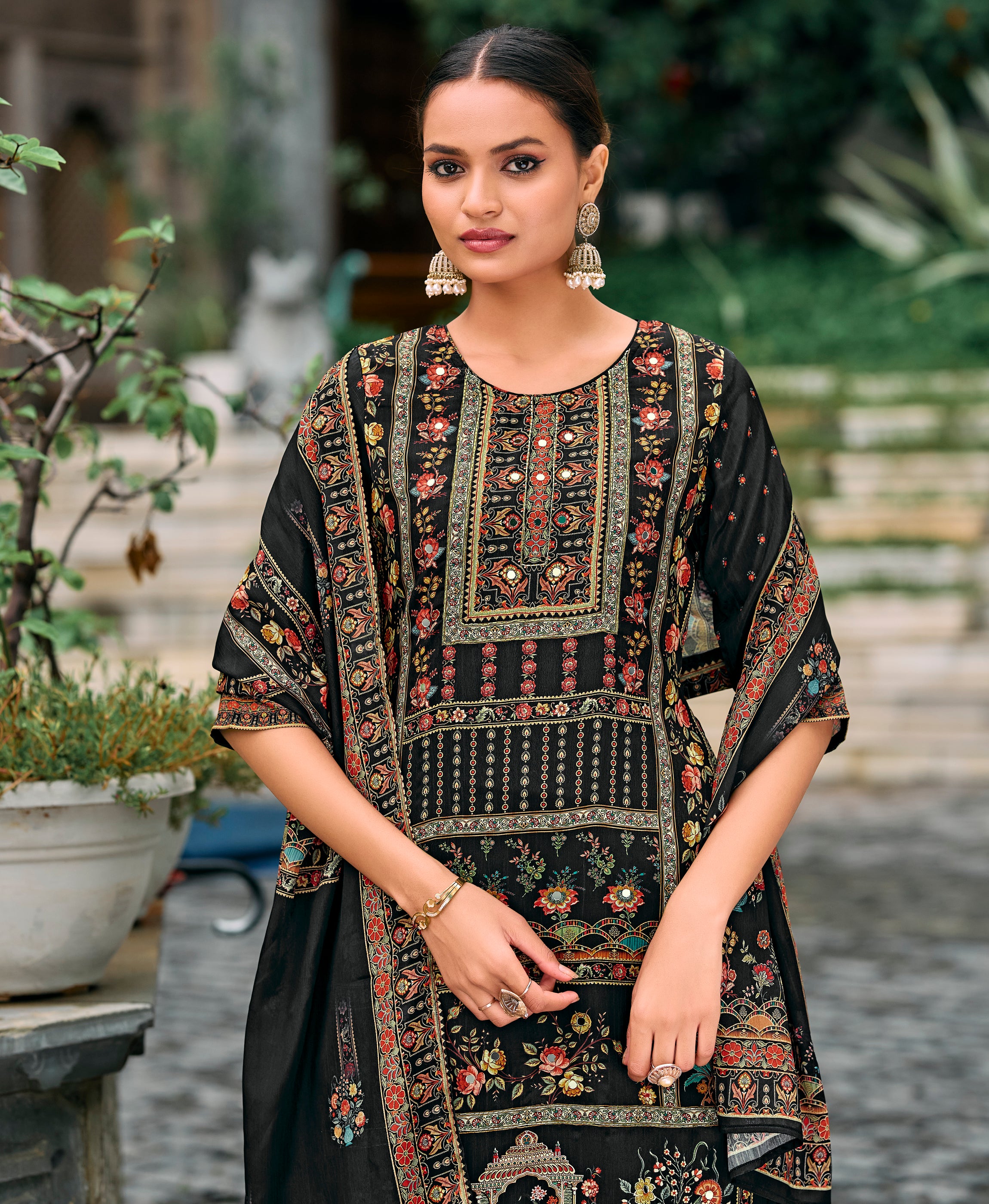 Her Couture Women's Black Chinon Chiffon Pakistani Printed Pakistani Style Kurta With Palazzo & Printed Dupatta