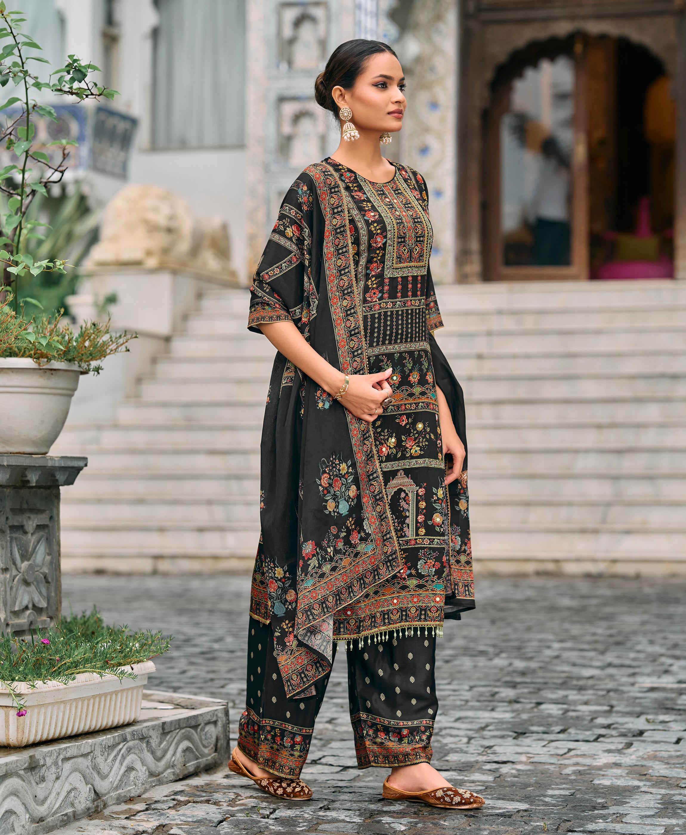 Her Couture Women's Black Chinon Chiffon Pakistani Printed Pakistani Style Kurta With Palazzo & Printed Dupatta
