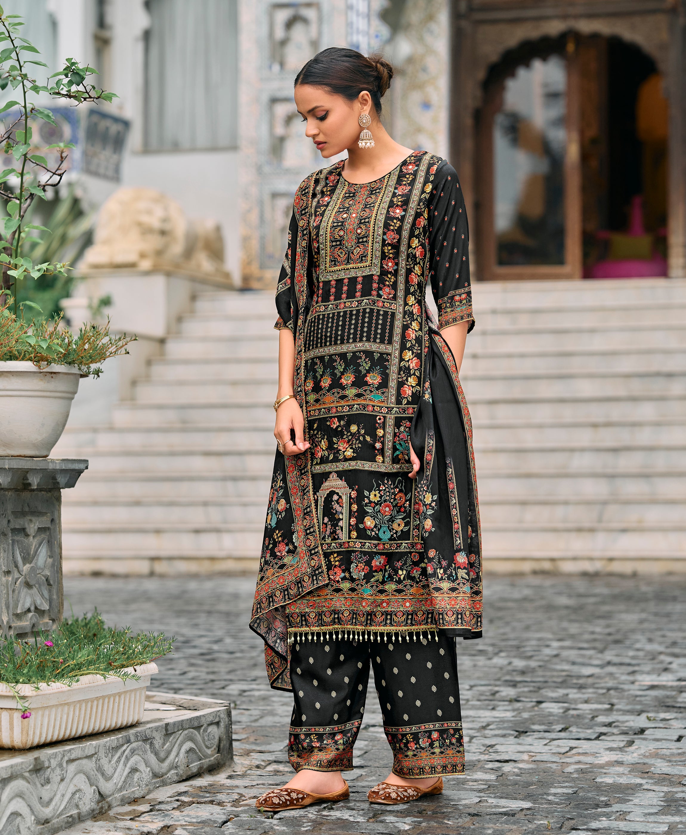 Her Couture Women's Black Chinon Chiffon Pakistani Printed Pakistani Style Kurta With Palazzo & Printed Dupatta