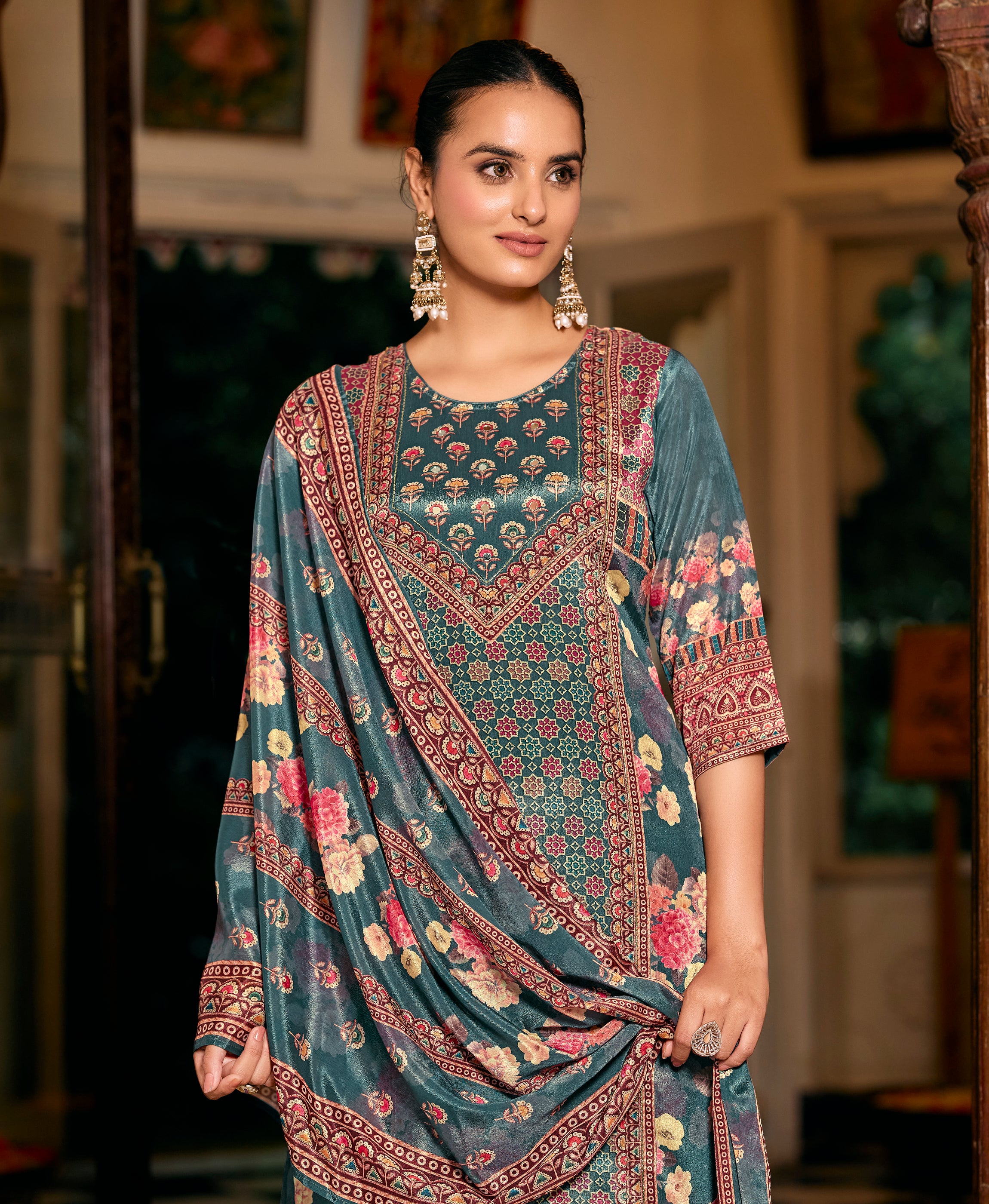 Her Couture Women's Multicolor Chinon Chiffon Pakistani Printed Pakistani Style Kurta With Palazzo & Printed Dupatta