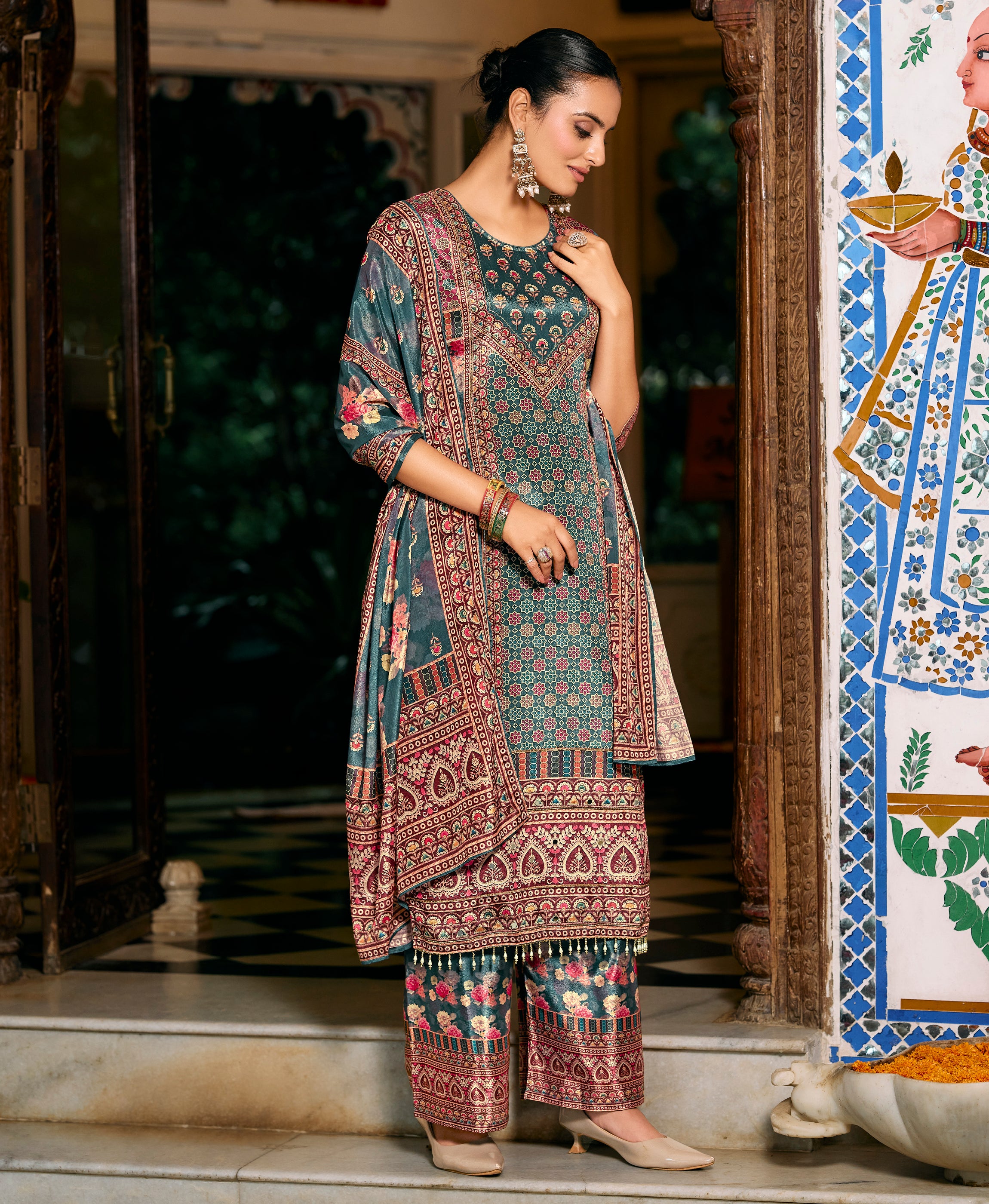 Her Couture Women's Multicolor Chinon Chiffon Pakistani Printed Pakistani Style Kurta With Palazzo & Printed Dupatta